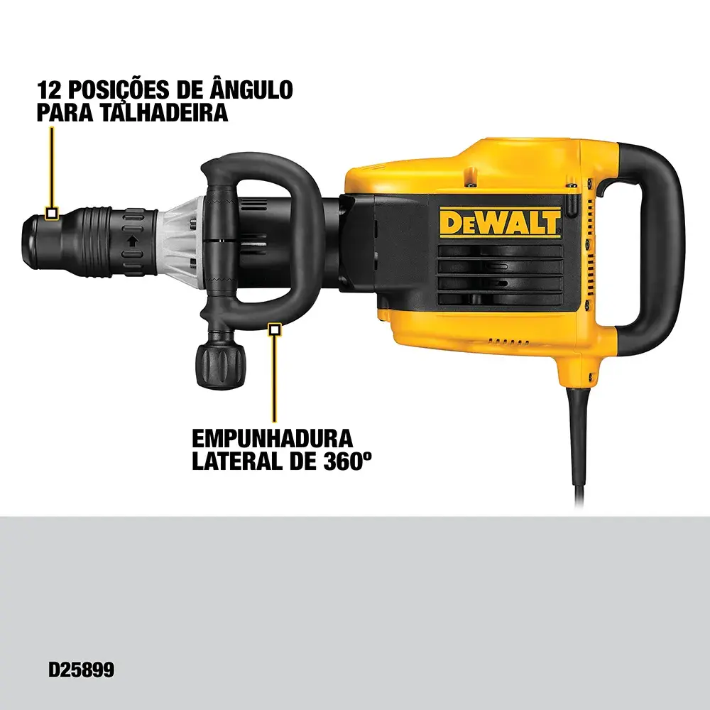 Martelo demolidor DEWALT D25899K com corpo amarelo e preto, possui empunhadura lateral de 360 graus e 12 posições de ângulo para talhadeira. Produto apresentado sobre fundo branco com legendas descritivas em português.