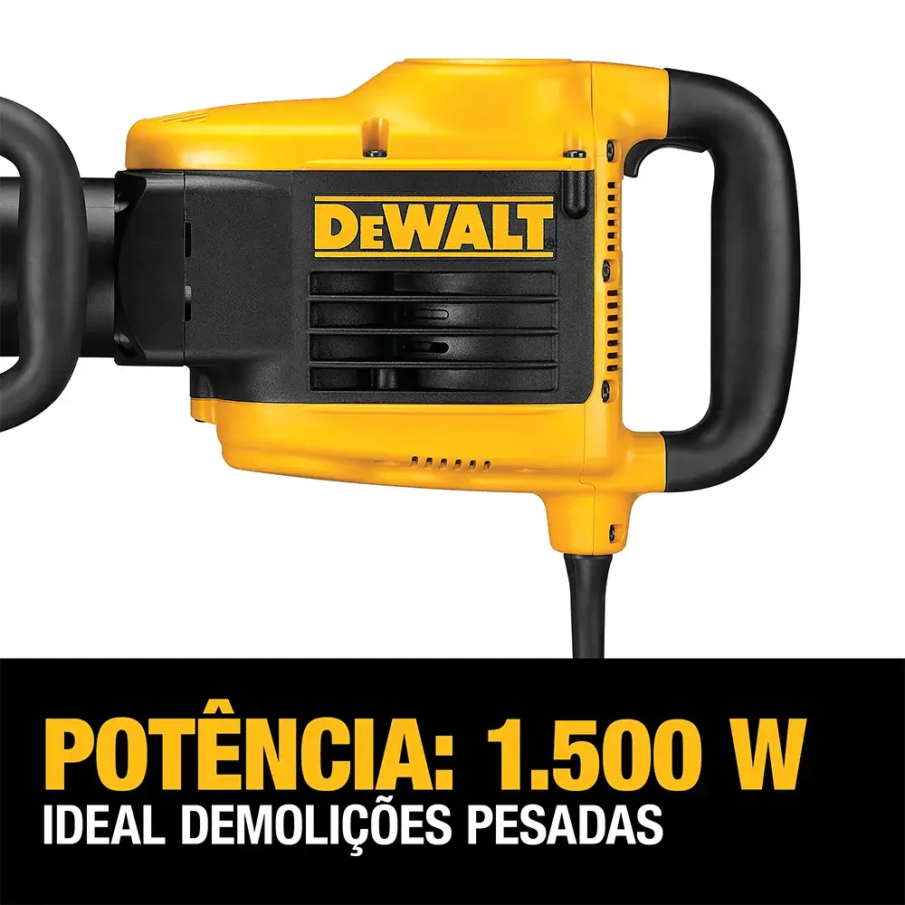 Ferramenta elétrica amarela e preta parcialmente visível da marca DEWALT, com alça e cabo, com uma mensagem abaixo: 'Potência: 1.500 W. Ideal demolições pesadas.'
