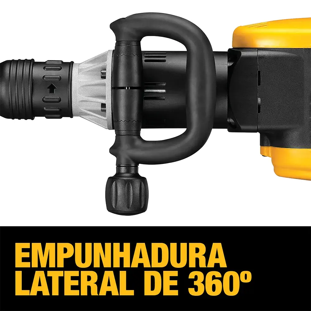 Imagem de uma ferramenta elétrica DEWALT destacando a empunhadura lateral de 360 graus, com o texto: 'EMPUNHADURA LATERAL DE 360º'.