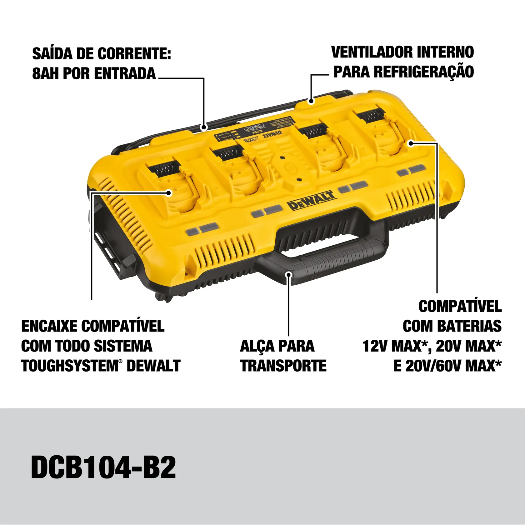 Um trabalhador com roupa de serviço puxa um carrinho de ferramentas DEWALT preto e amarelo carregado com carregadores de baterias sem fio e caixas de ferramentas, em um canteiro de obras, com madeira e materiais de construção ao fundo.