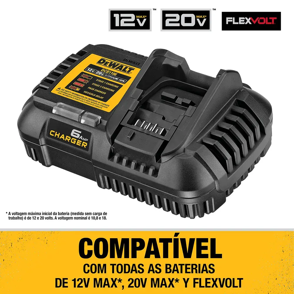 Carregador de bateria DEWALT DCB1106 compatível com baterias 12V MAX, 20V MAX e FLEXVOLT. O carregador é preto com etiquetas amarelas e está exibido em um fundo branco com informações de compatibilidade escritas em português.