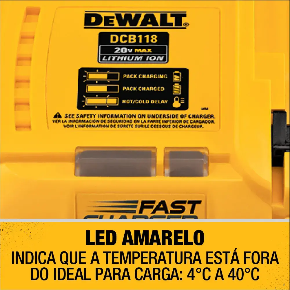 Gráfico da DEWALT mostrando '20V MAX*' em texto grande cinza e amarelo dentro de um retângulo preto e cinza, com fundo amarelo e preto.