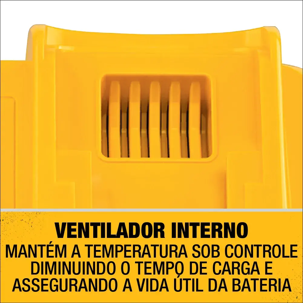 Un cargador rápido de batería de ion de litio DEWALT DCB118 de 20V, con un diseño llamativo amarillo y negro y la etiqueta '8 AMP FAST CHARGER' en el frente.