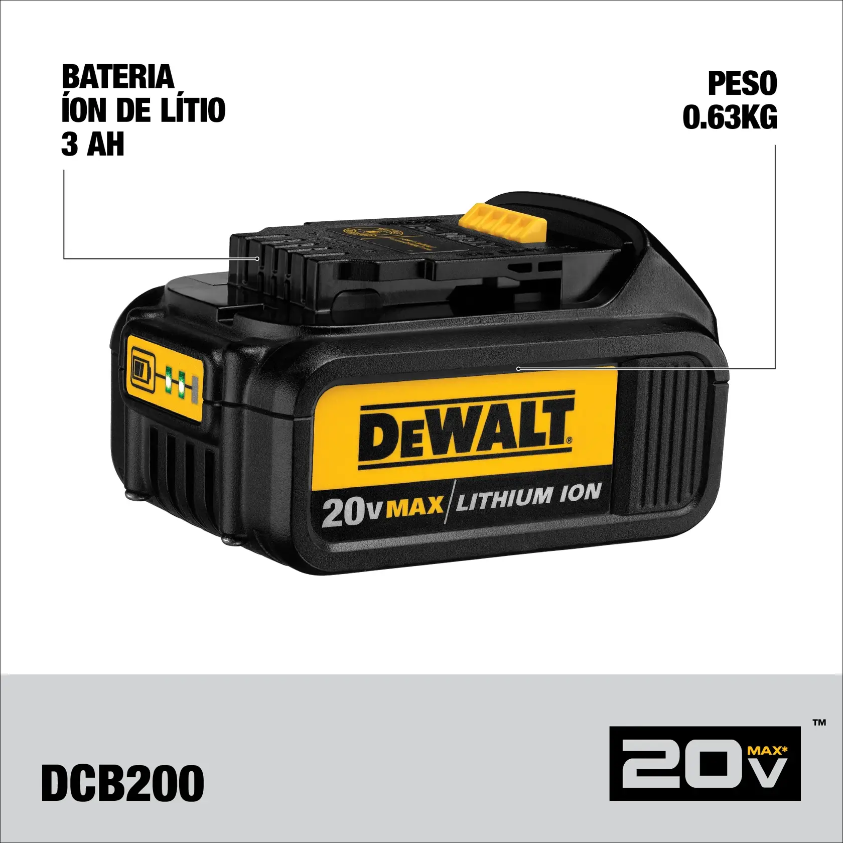 Vista aproximada de uma pessoa pressionando o botão do indicador de bateria em uma ferramenta elétrica DEWALT. O indicador mostra três luzes verdes, sugerindo uma carga alta de bateria.