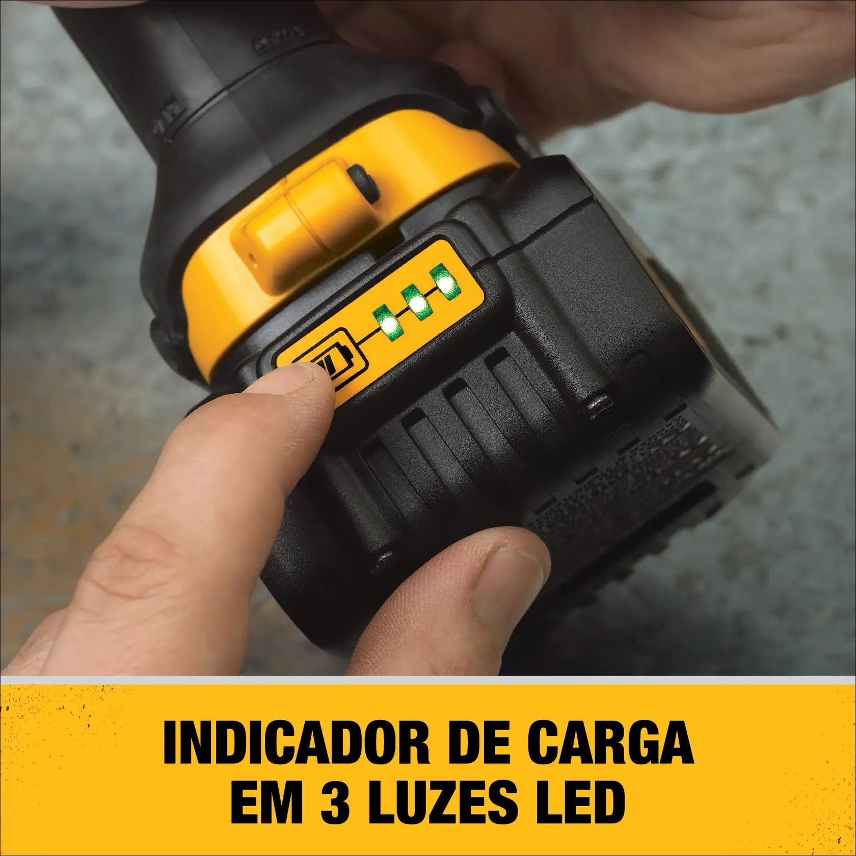 Gráfico da DEWALT mostrando '20V MAX*' em texto grande cinza e amarelo dentro de um retângulo preto e cinza, com fundo amarelo e preto.