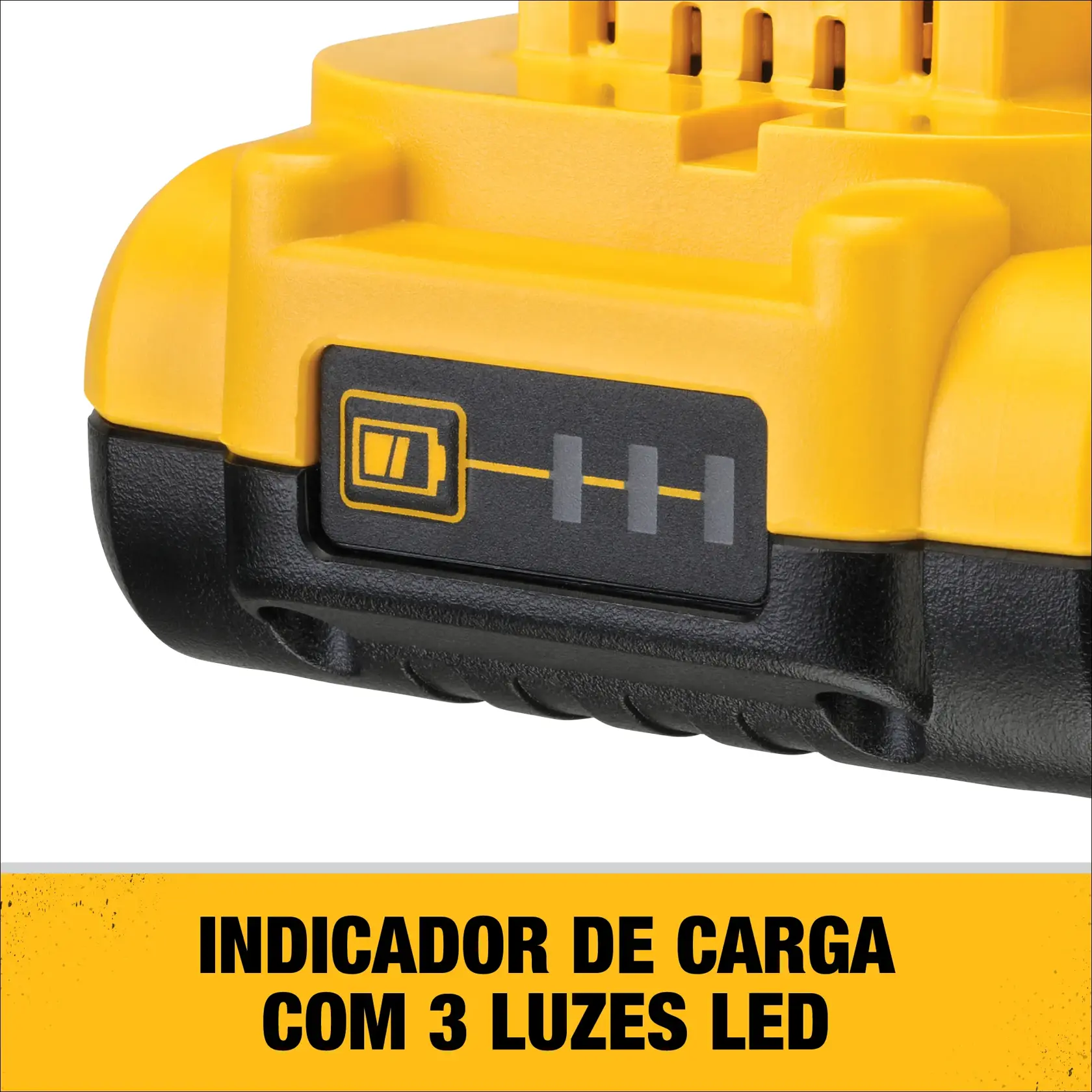 Imagem em close de uma bateria DEWALT com indicador de carga com três luzes LED. O texto abaixo diz: 'Indicador de carga com 3 luzes LED.'