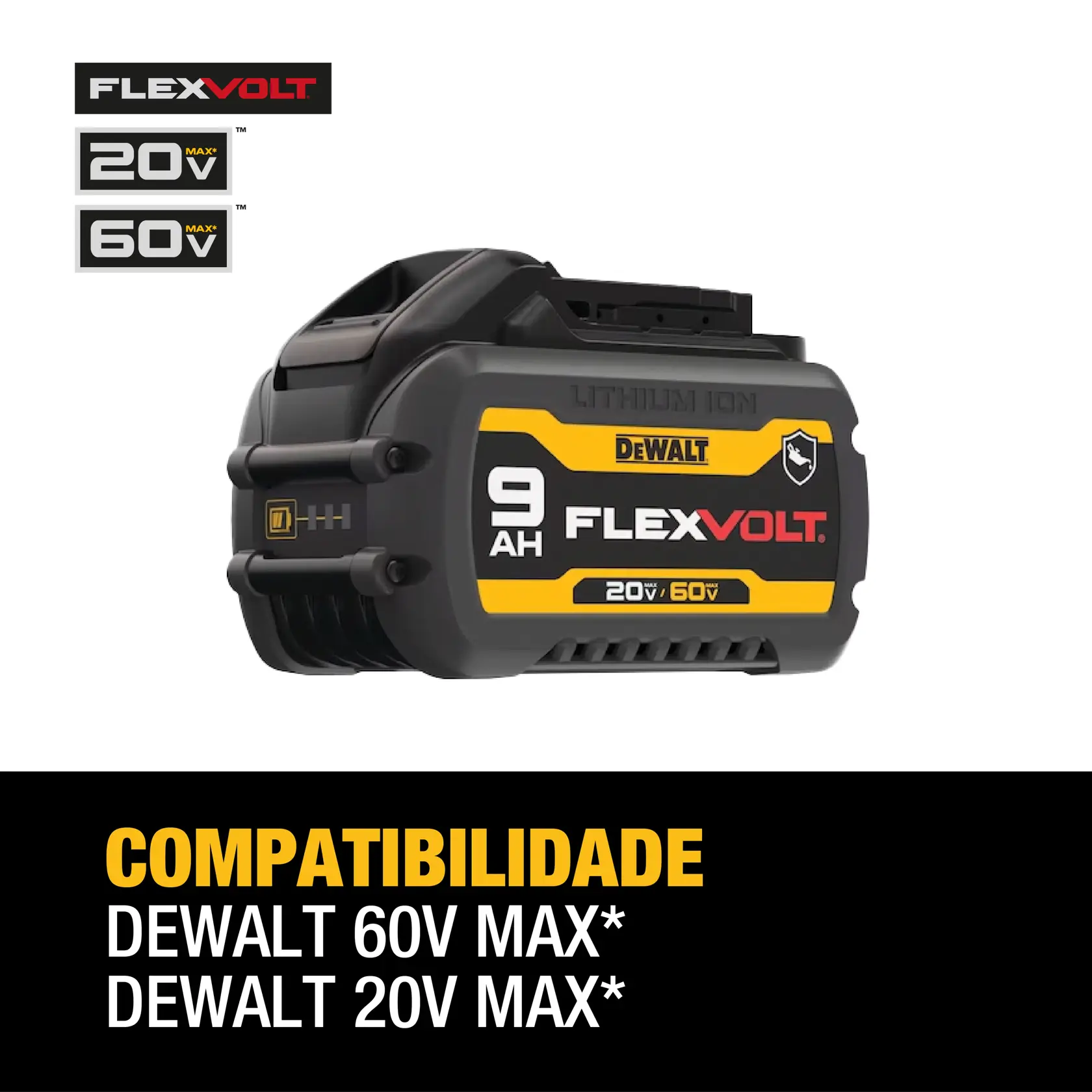 Logotipo DEWALT FLEXVOLT com DEWALT em letras amarelas e negrito e FLEXVOLT em letras brancas e vermelhas sobre um fundo preto.