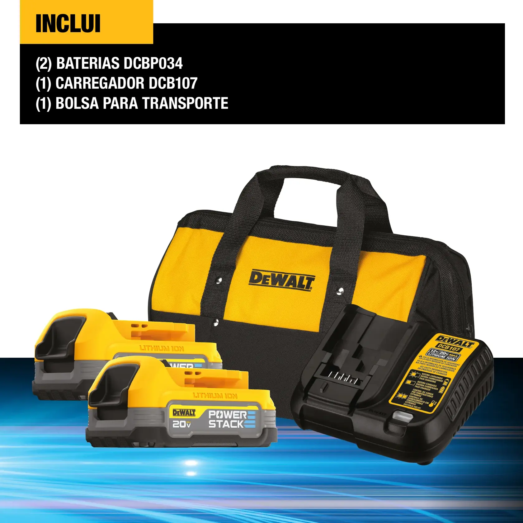 Kit combinado DEWALT incluindo duas baterias DCBP034 amarelas e pretas, um carregador DCB107 e uma bolsa para transporte amarela e preta com o logo DEWALT, apresentado sobre um fundo azul.