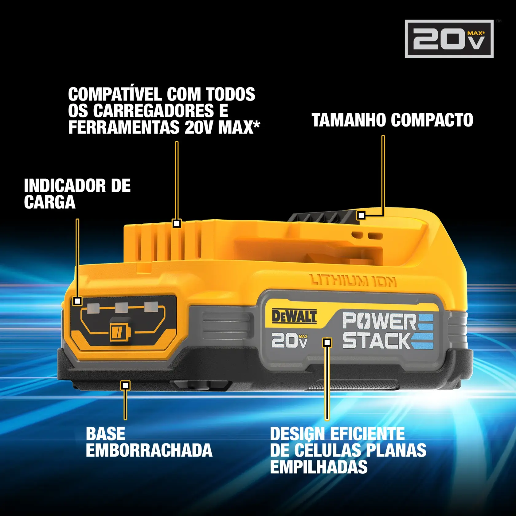 Imagem de uma bateria de íon de lítio DEWALT PowerStack 20V Max, destacando-se pelo tamanho compacto, base emborrachada, design eficiente com células planas empilhadas, compatível com todos os carregadores e ferramentas 20V Max, e indicador de carga.