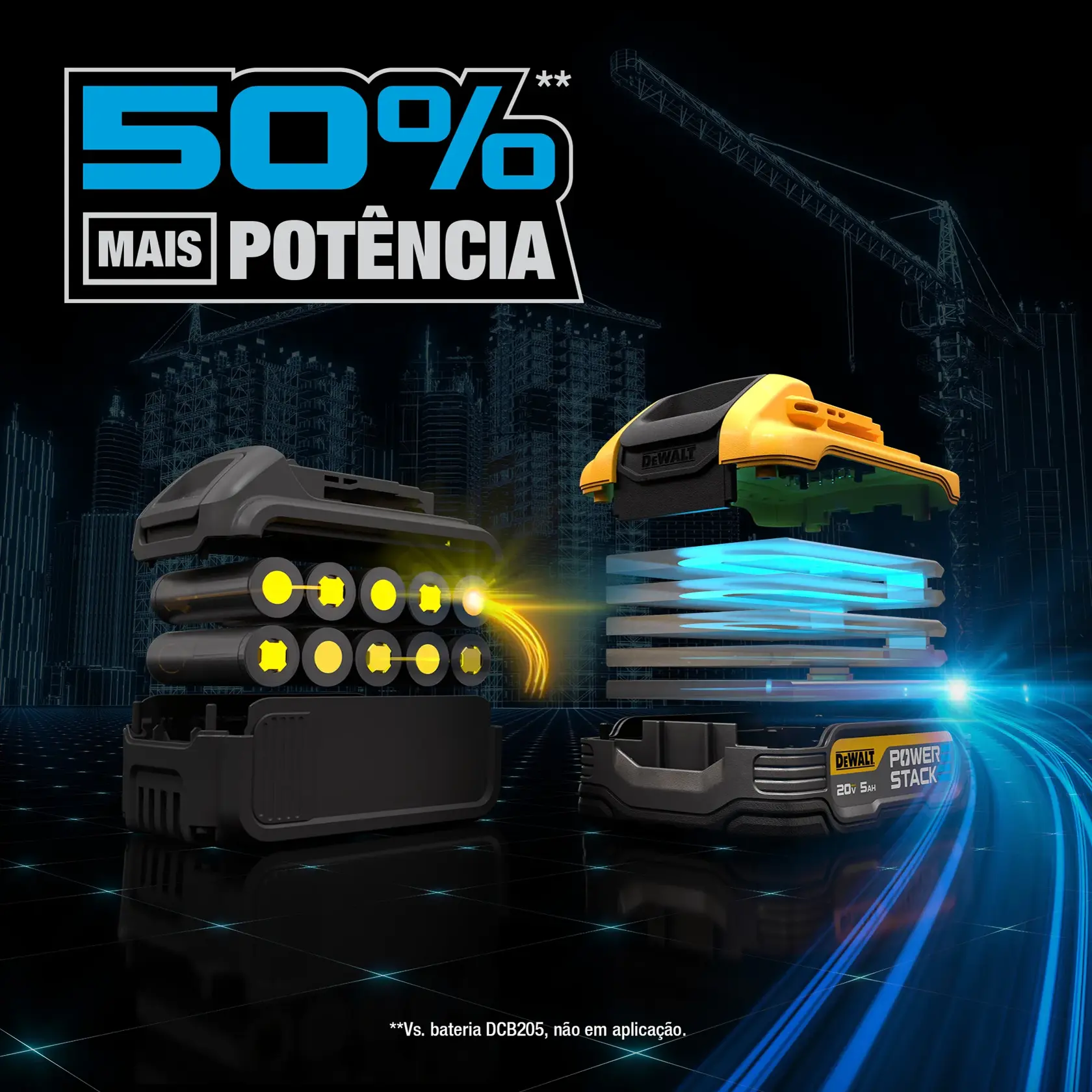 Uma bateria de íons de lítio DEWALT XR para ferramentas elétricas, nas cores amarela e preta, com capacidade de 20V Max e 5Ah claramente marcada na lateral.