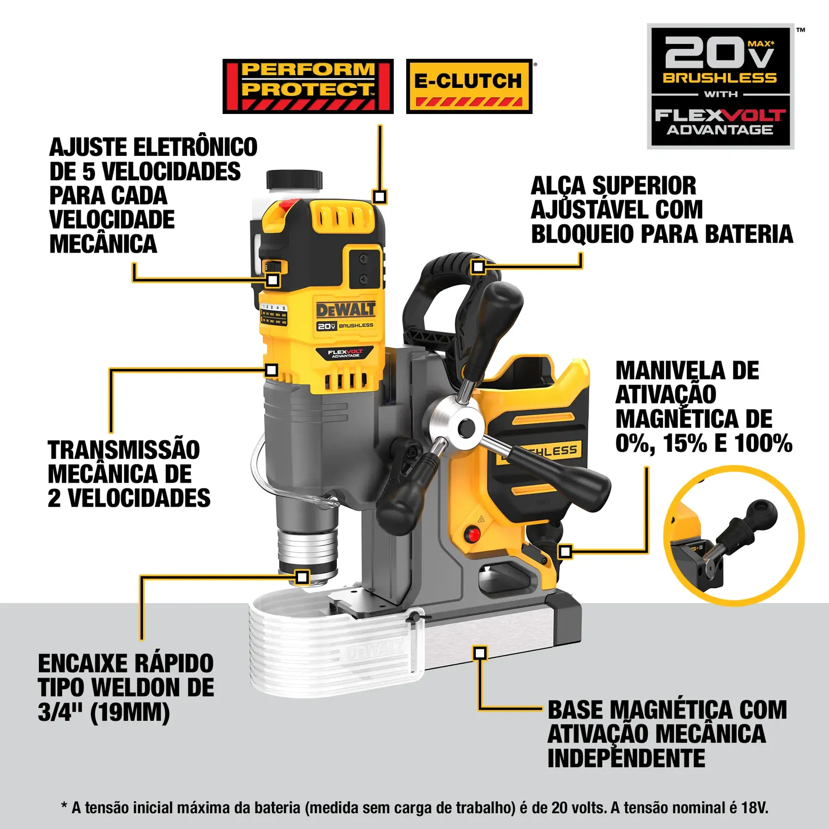 Furadeira base magnética 2" (50mm) 20V MAX* e flexvolt advantage li-ion brushless sem bateria e carregador
