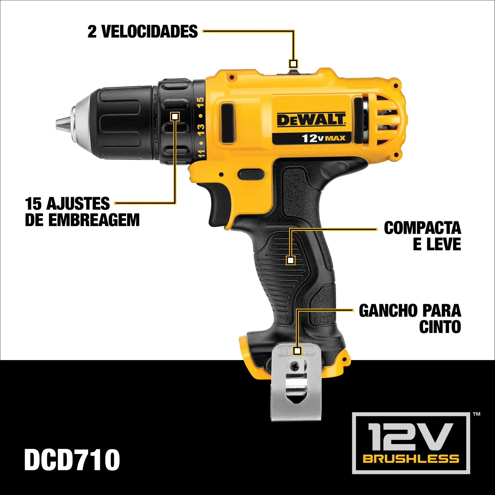 Gráfico promocional apresentando a furadeira/parafusadeira sem fio DEWALT DCD710D2 12V brushless. A ferramenta é amarela e preta com a marca DEWALT em destaque. Os principais recursos são: 2 velocidades, 15 ajustes de embreagem, design compacto e leve, e gancho para cinto, destacados com legendas na imagem.