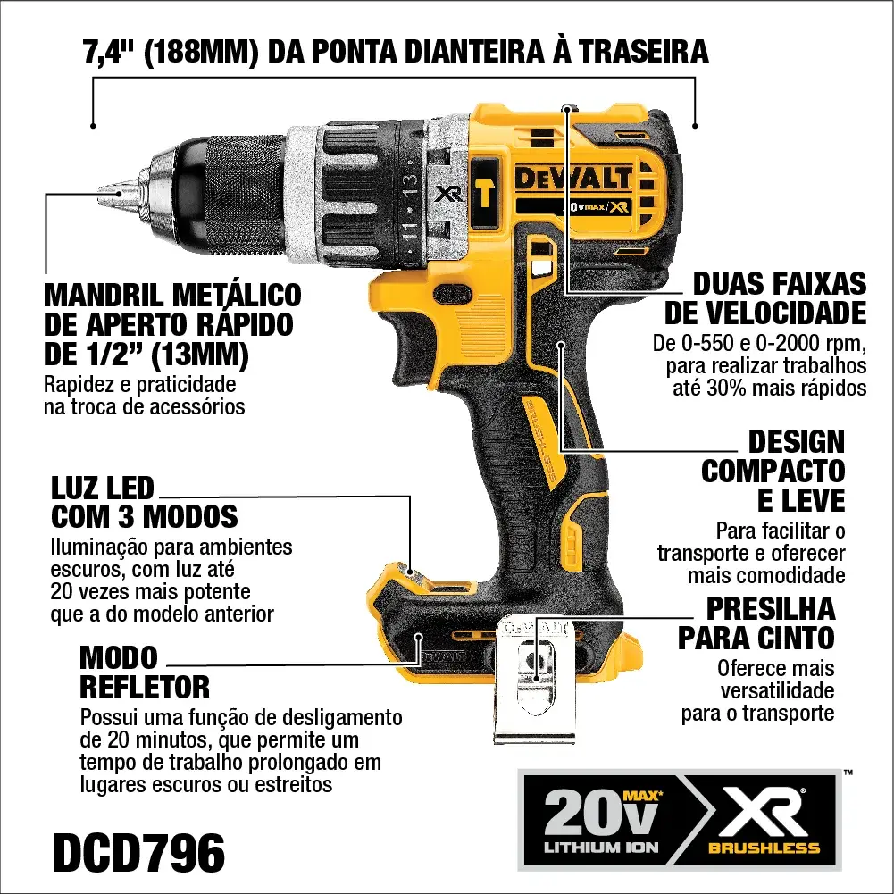 Imagem de uma furadeira sem fio DEWALT DCD796E1 com destaques das características, incluindo mandril metálico de aperto rápido de 1/2 polegada (13mm), luz LED com 3 modos, modo refletor com função de desligamento de 20 minutos, duas faixas de velocidade (550-2000 rpm), design compacto e leve, e presilha para cinto para mais versatilidade no transporte. A furadeira funciona com bateria de íon de lítio de 20V e tecnologia XR brushless.