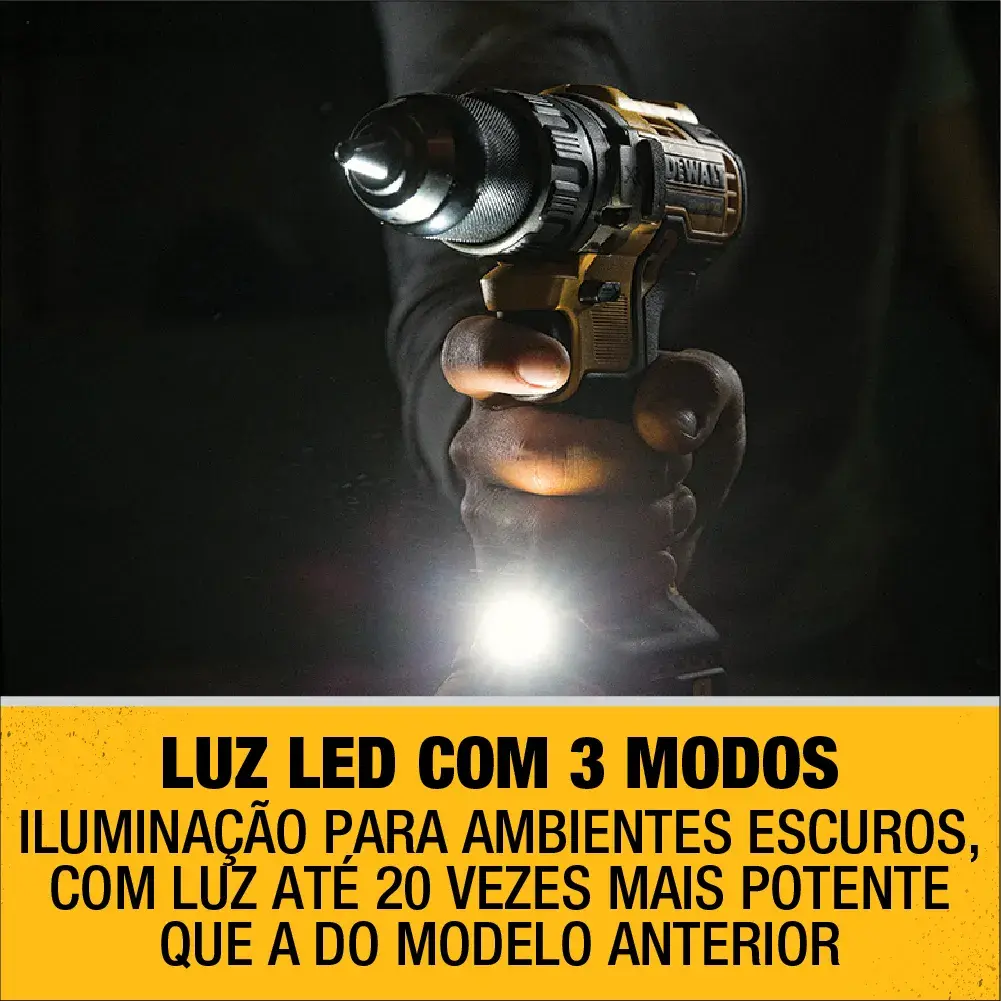 Uma pessoa segurando uma furadeira sem fio DEWALT com luz LED acesa em um ambiente escuro. A imagem destaca o recurso de LED com três modos de iluminação, oferecendo até 20 vezes mais brilho do que o modelo anterior. Há uma faixa amarela com texto em português descrevendo os benefícios do LED.