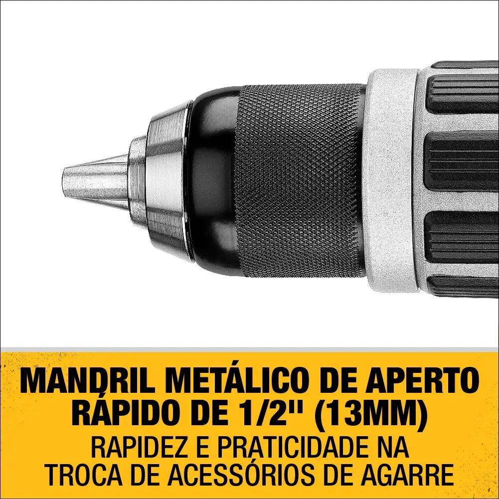 Imagem em close de um mandril metálico de aperto rápido, tamanho 1/2 polegada (13mm), em uma ferramenta elétrica. O texto destaca rapidez e praticidade na troca de acessórios de agarre. O fundo é branco com um rótulo amarelo e texto preto.