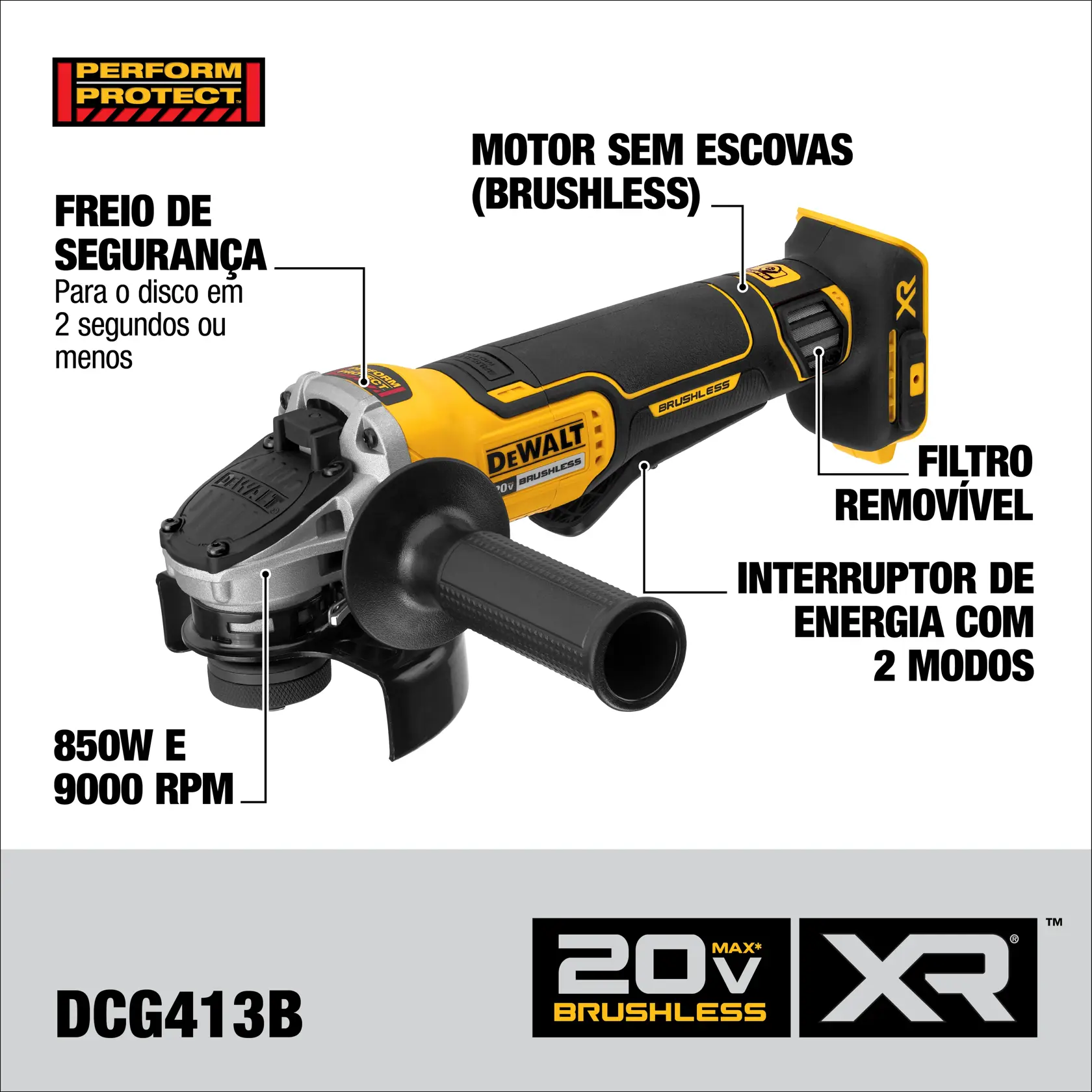Una amoladora angular inalámbrica DEWALT 20V brushless con diseño amarillo y negro, mostrada sobre fondo blanco.