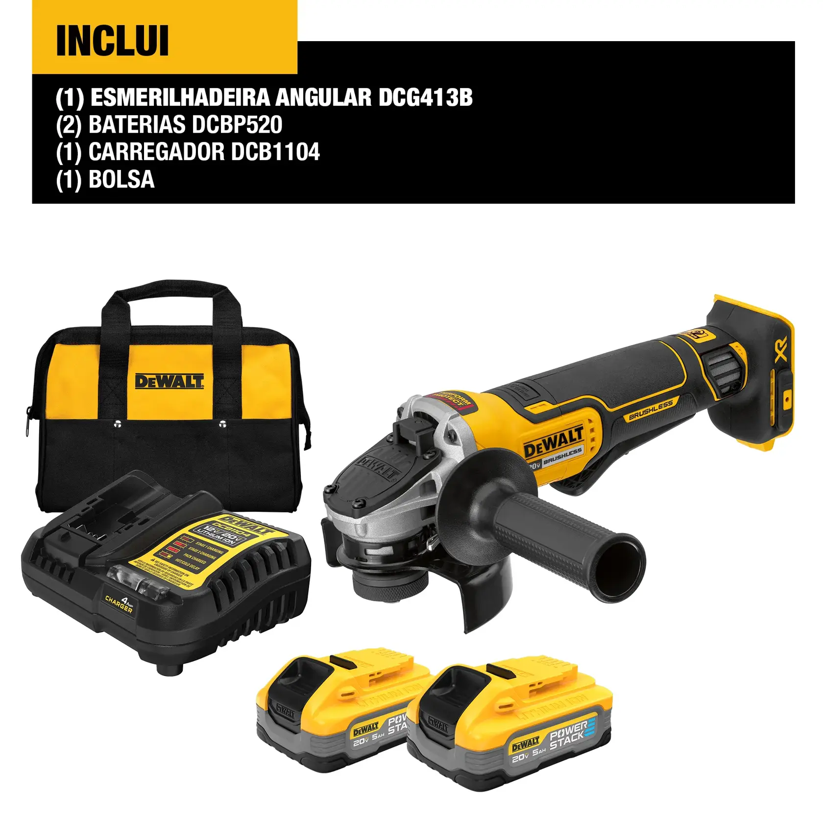 Kit DEWALT com esmerilhadeira angular, carregador, duas baterias e bolsa de transporte, itens amarelos e pretos.