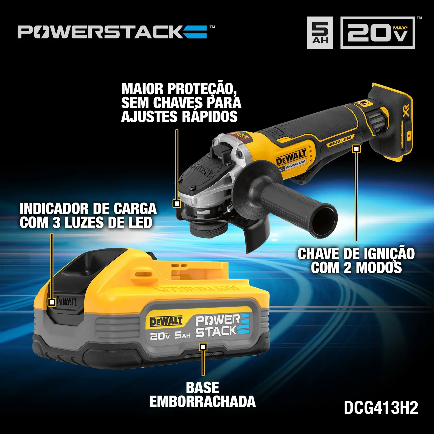 Esmerilhadeira DEWALT DCG413H2 20V e bateria, ajuste rápido, indicador LED de carga, base emborrachada.