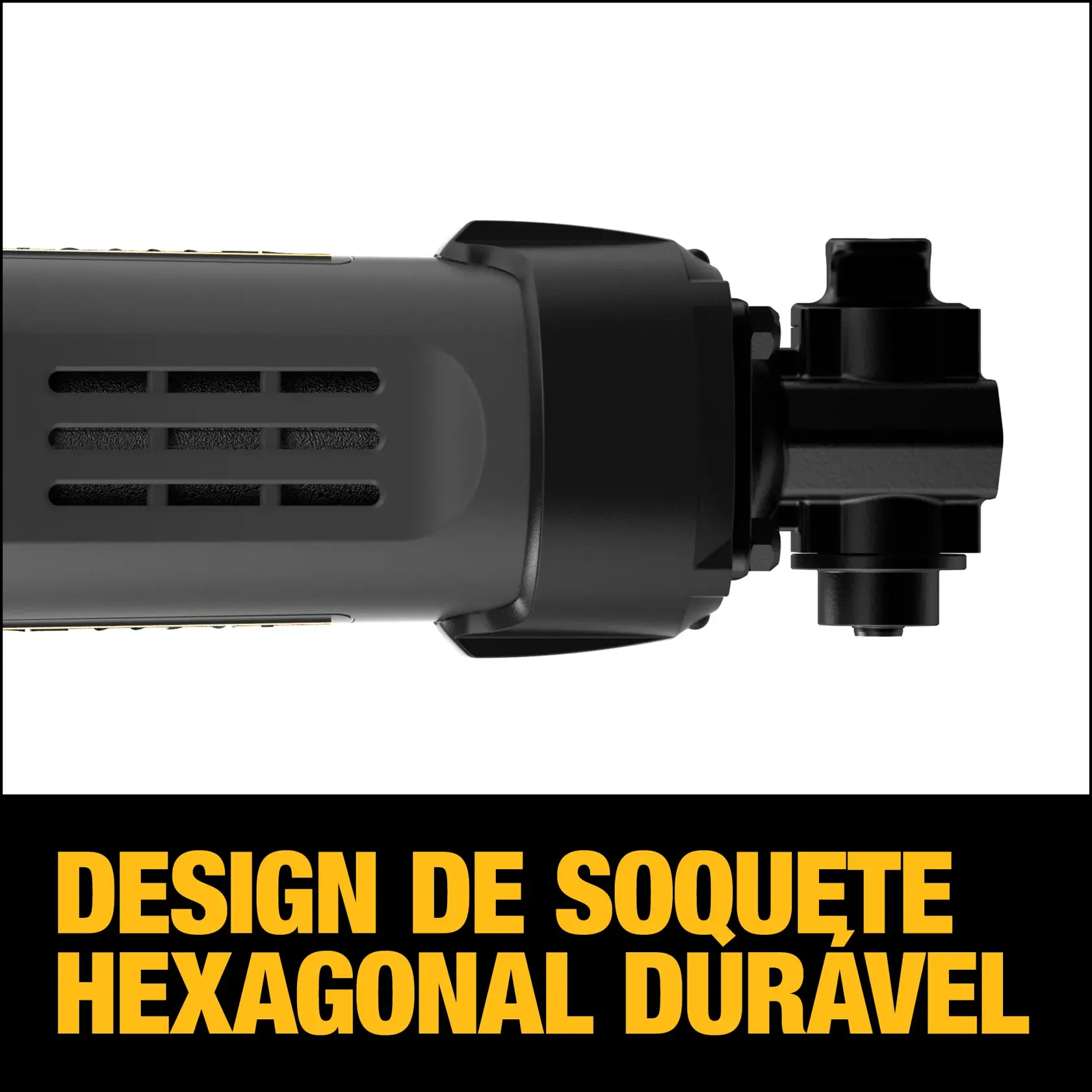 Ferramenta DEWALT com design de soquete hexagonal durável, destaque para texto embaixo.