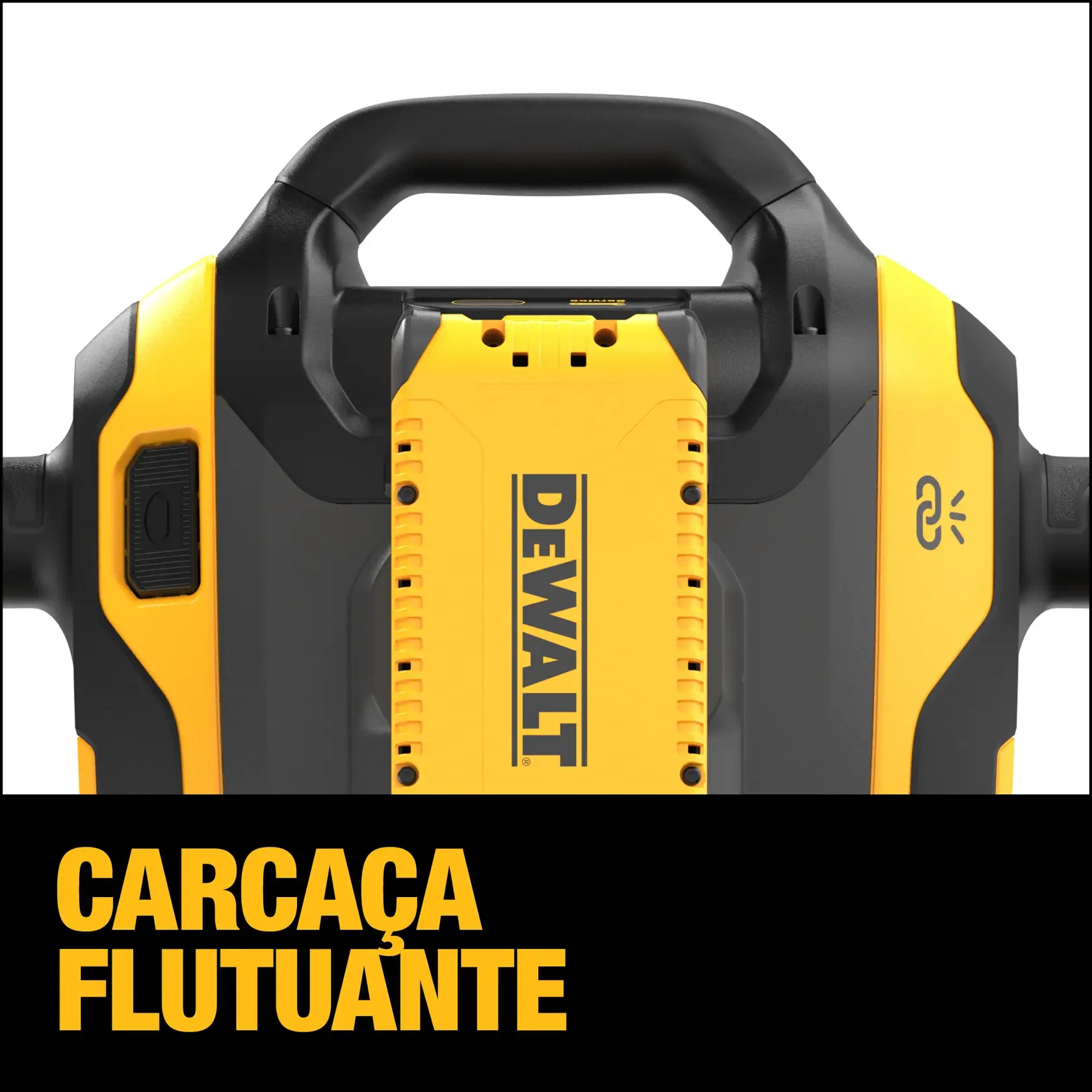 Detalhe de ferramenta DEWALT mostrando bateria e alça, com texto: Carcaça Flutuante.