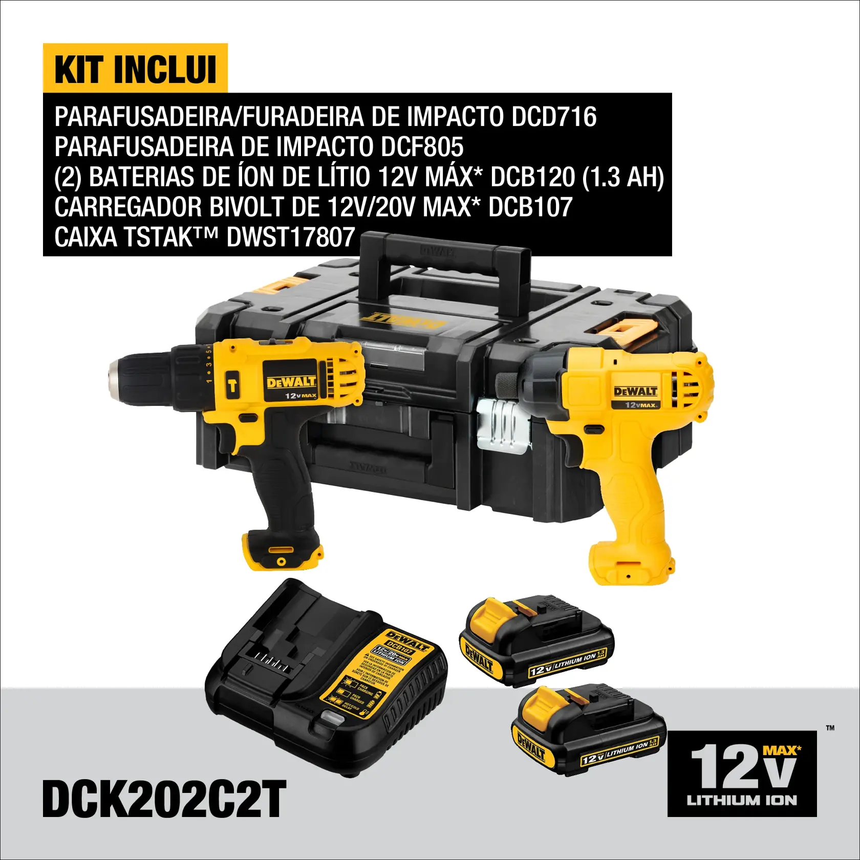 Kit DEWALT DCK202C2T exibido, incluindo duas furadeiras/parafusadeiras sem fio amarelas e pretas, uma caixa organizadora preta TSTAK, duas baterias de íon de lítio e um carregador de bateria. O kit apresenta ferramentas 12V Max e os componentes estão apresentados ao lado de uma descrição do produto detalhando todos os itens inclusos.