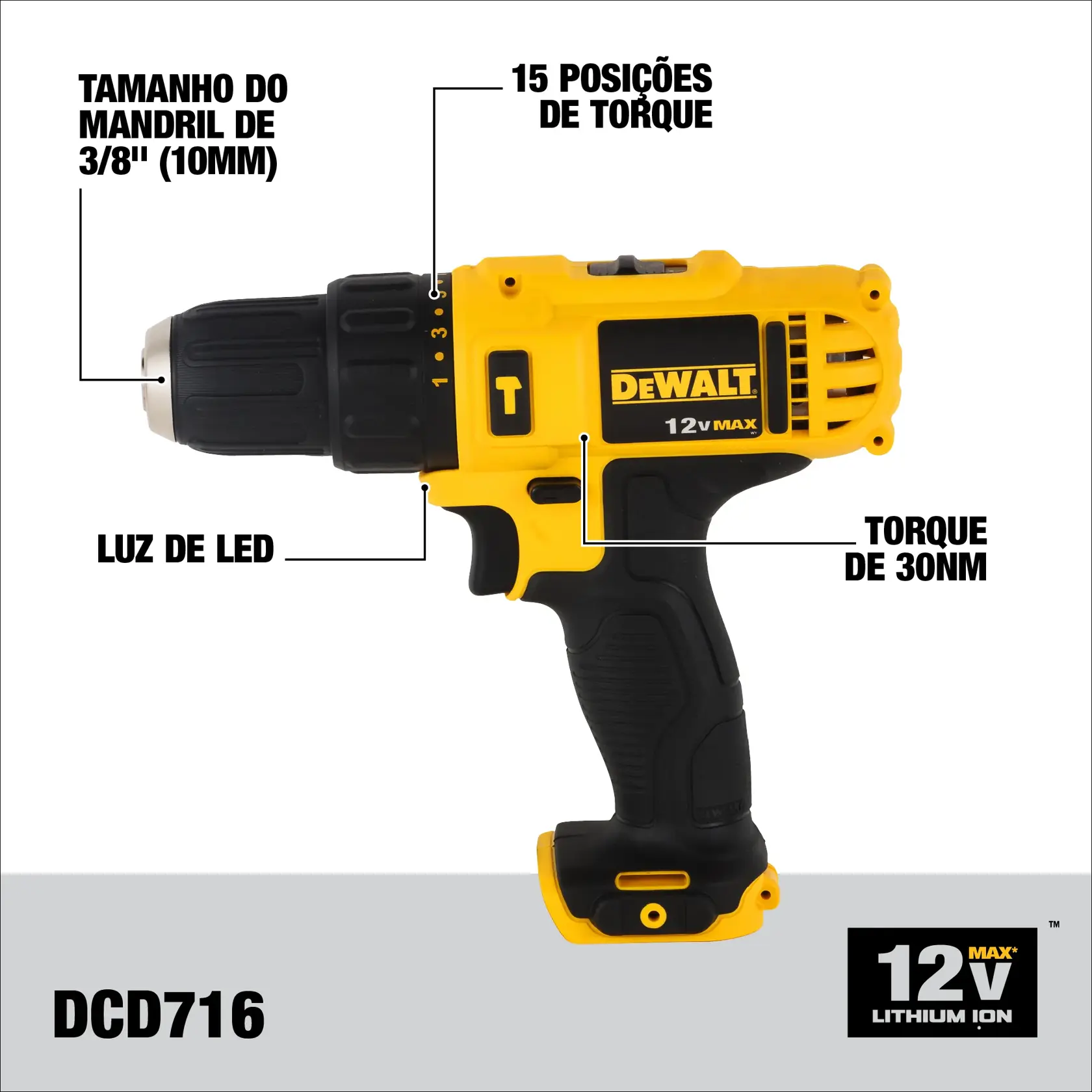 Imagem de uma furadeira sem fio DEWALT 12V MAX de íon de lítio, modelo DCD716, apresentando mandril de 3/8 polegadas (10mm), 15 posições de torque, luz de LED e torque de 30Nm. A furadeira é amarela e preta com funções destacadas.
