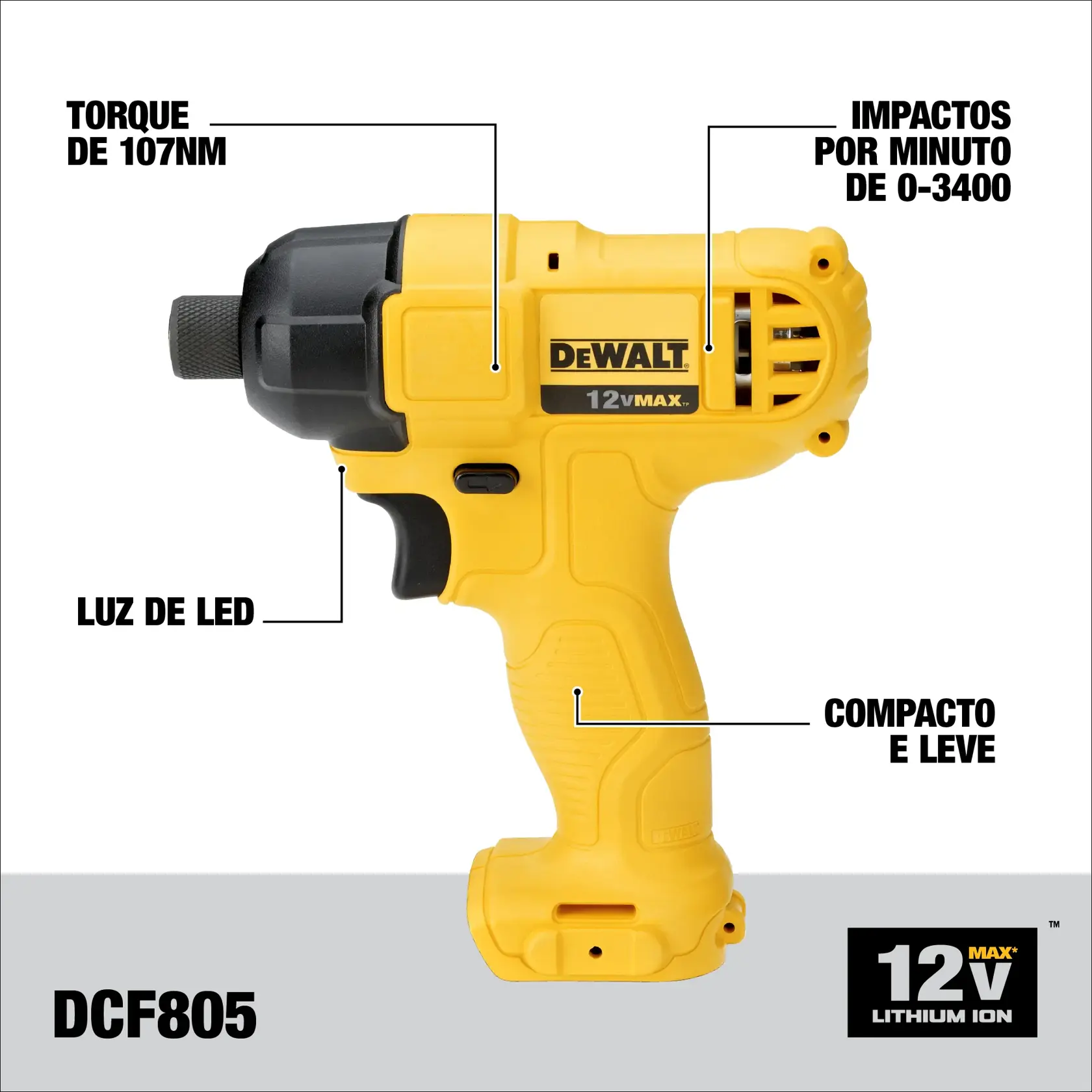 Imagem de uma chave de impacto DEWALT amarela 12V Max de íon de lítio, modelo DCF805. Os recursos destacados incluem torque de 107Nm, até 3400 impactos por minuto, luz de LED e design compacto e leve.