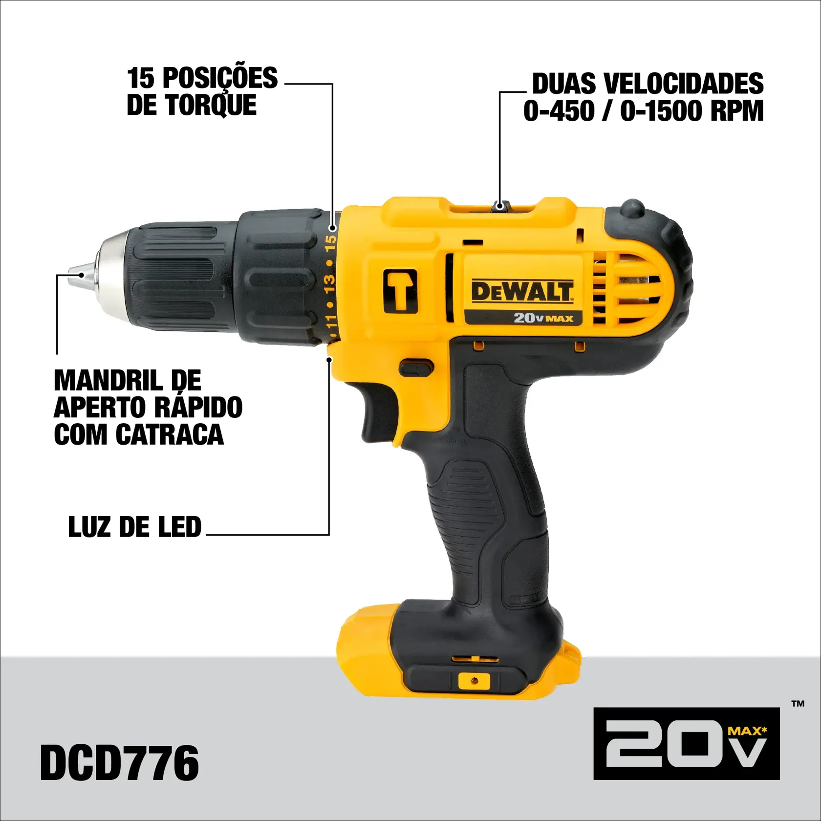 Imagem de uma furadeira sem fio DEWALT 20V MAX modelo DCD776. A furadeira é amarela e preta e possui etiquetas destacadas descrevendo suas funções: 15 posições de torque, duas velocidades (0-450 / 0-1500 RPM), mandril de aperto rápido com catraca e luz de LED.