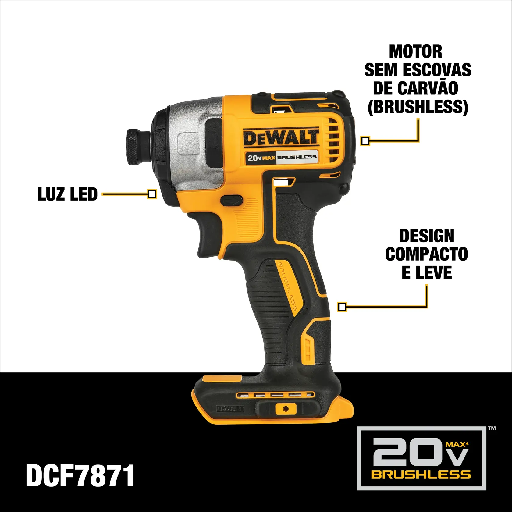 Imagem de uma parafusadeira de impacto DEWALT 20V Max brushless, modelo DCF7871, com recursos destacados como luz LED, motor sem escovas de carvão e design compacto e leve. A ferramenta é predominantemente amarela e preta.