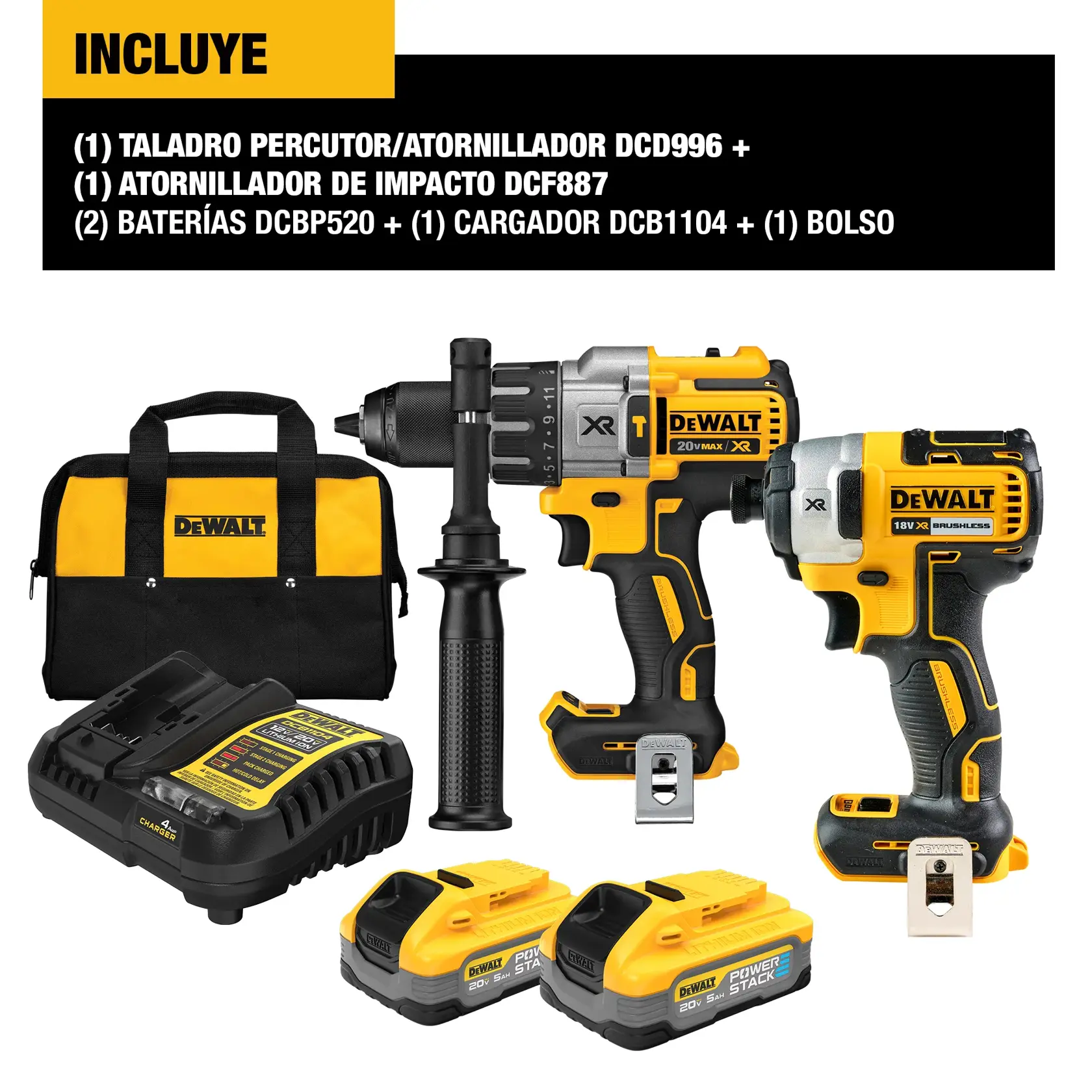 DEWALT tool kit product image featuring a yellow and black carry bag, a cordless hammer drill, a cordless impact driver, two rechargeable batteries, and a battery charger. The image lists included items: hammer drill DCD996, impact driver DCF887, two batteries DCBP520, charger DCB1104, and a bag.
