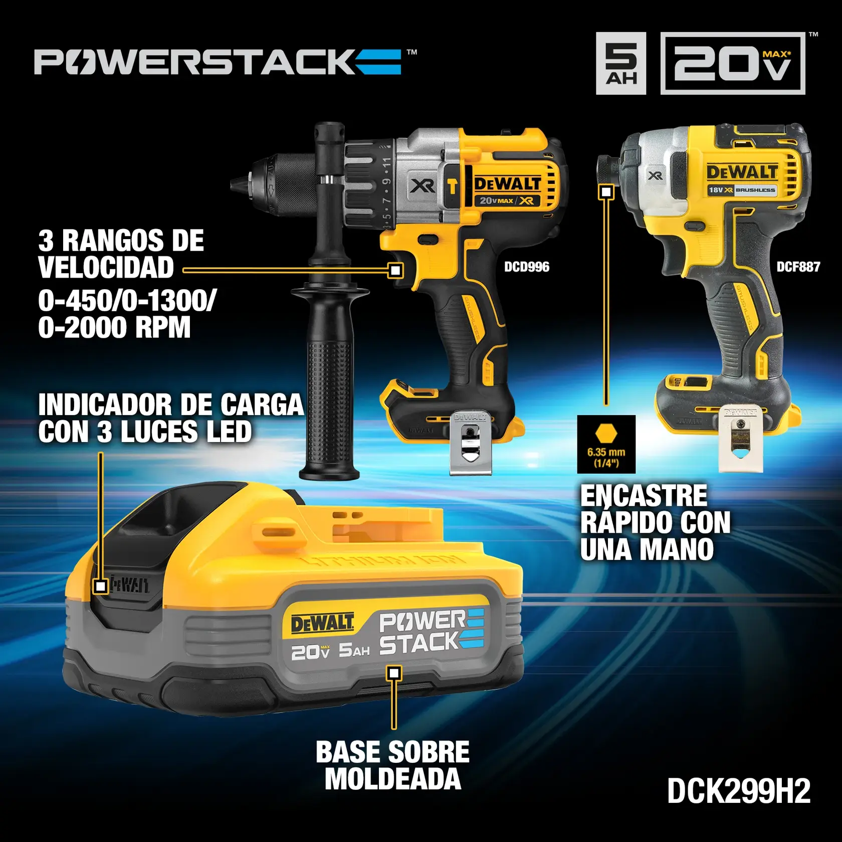 Promotional graphic for the DEWALT DCK299H2 PowerStack combo kit showing a 20V Max XR hammer drill and an impact driver, both with yellow and black design. The hammer drill highlights three speed ranges (0-450/0-1300/0-2000 RPM), while the impact driver features one-handed quick bit change with a 6.35 mm (1/4") chuck. The image also displays a PowerStack 20V 5Ah battery with three LED indicators for charging status and a molded base. The graphic includes various product features in Spanish.