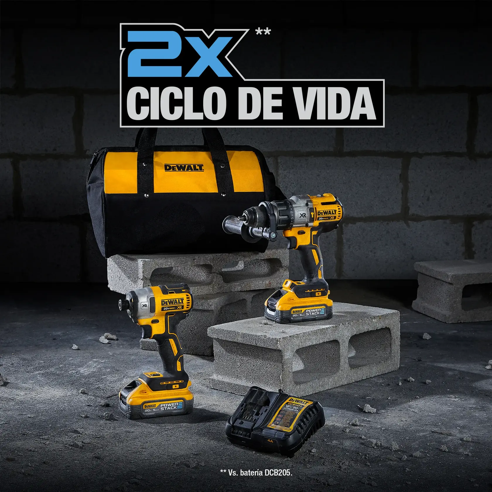 DEWALT power tool set with two cordless drills, battery charger, and a black and yellow tool bag displayed on concrete blocks. The image features a promotional message '2X Lifecycle' in Spanish above the products.