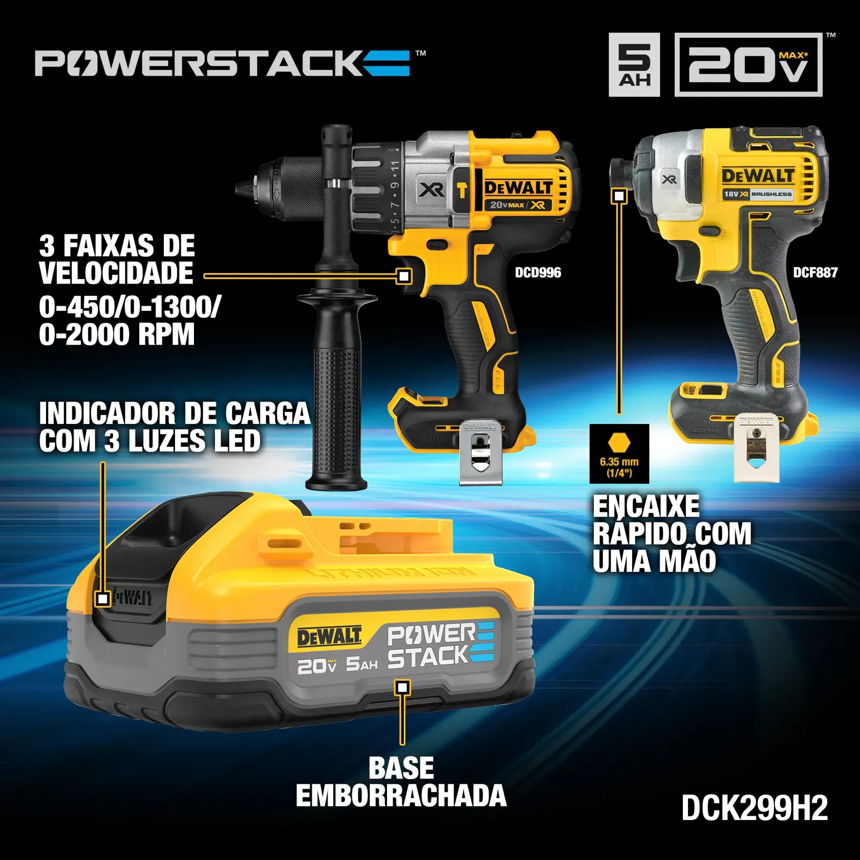 Kit DEWALT DCK299H2: furadeira, parafusadeira e bateria POWERSTACK 20V 5Ah com base emborrachada e LED.