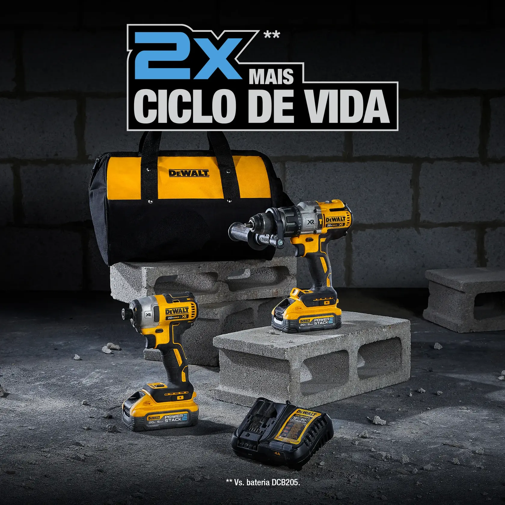 Kit DEWALT com duas furadeiras, carregador e bolsa sobre blocos de cimento. Texto: 2X mais ciclo de vida.