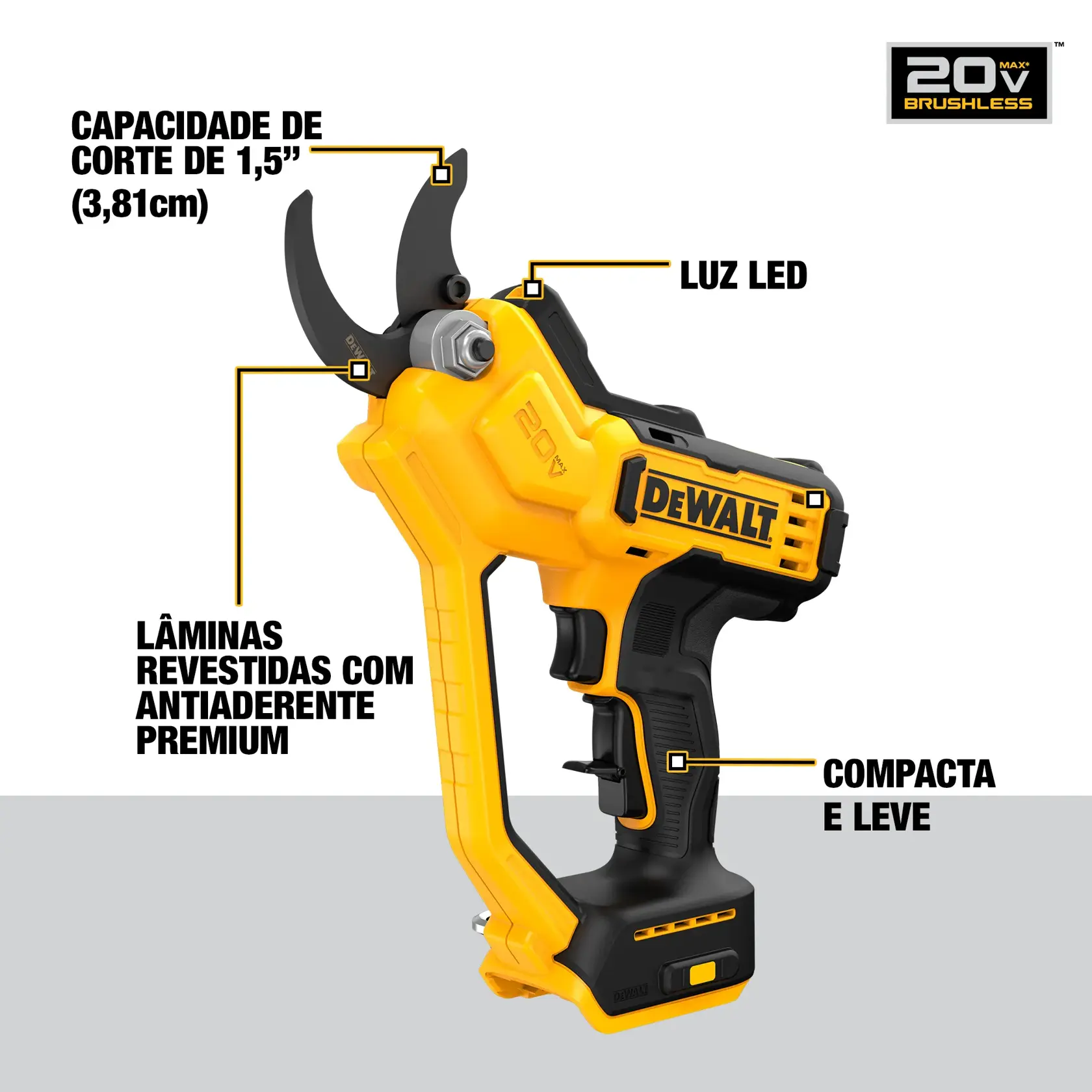 Uma pessoa usando luvas está utilizando uma tesoura de poda sem fio DEWALT de 20V para cortar um galho de uma planta com folhas ao ar livre.