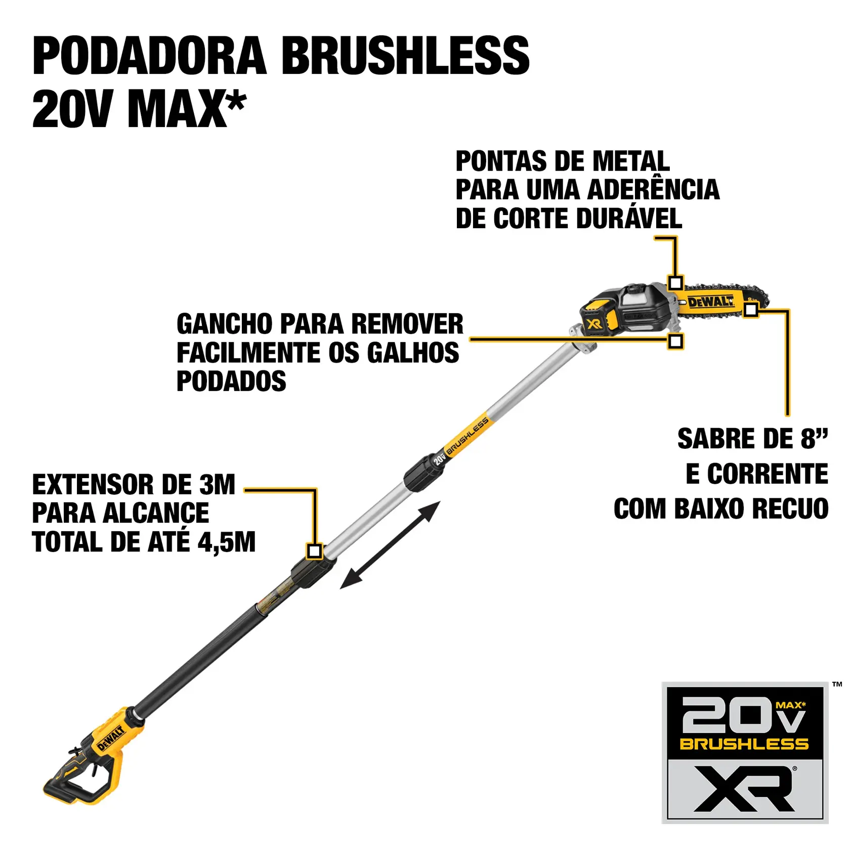 Uma serra de poda telescópica sem fio DEWALT com eixo metálico estendido e uma pequena cabeça de motosserra, projetada para cortar galhos em altura.
