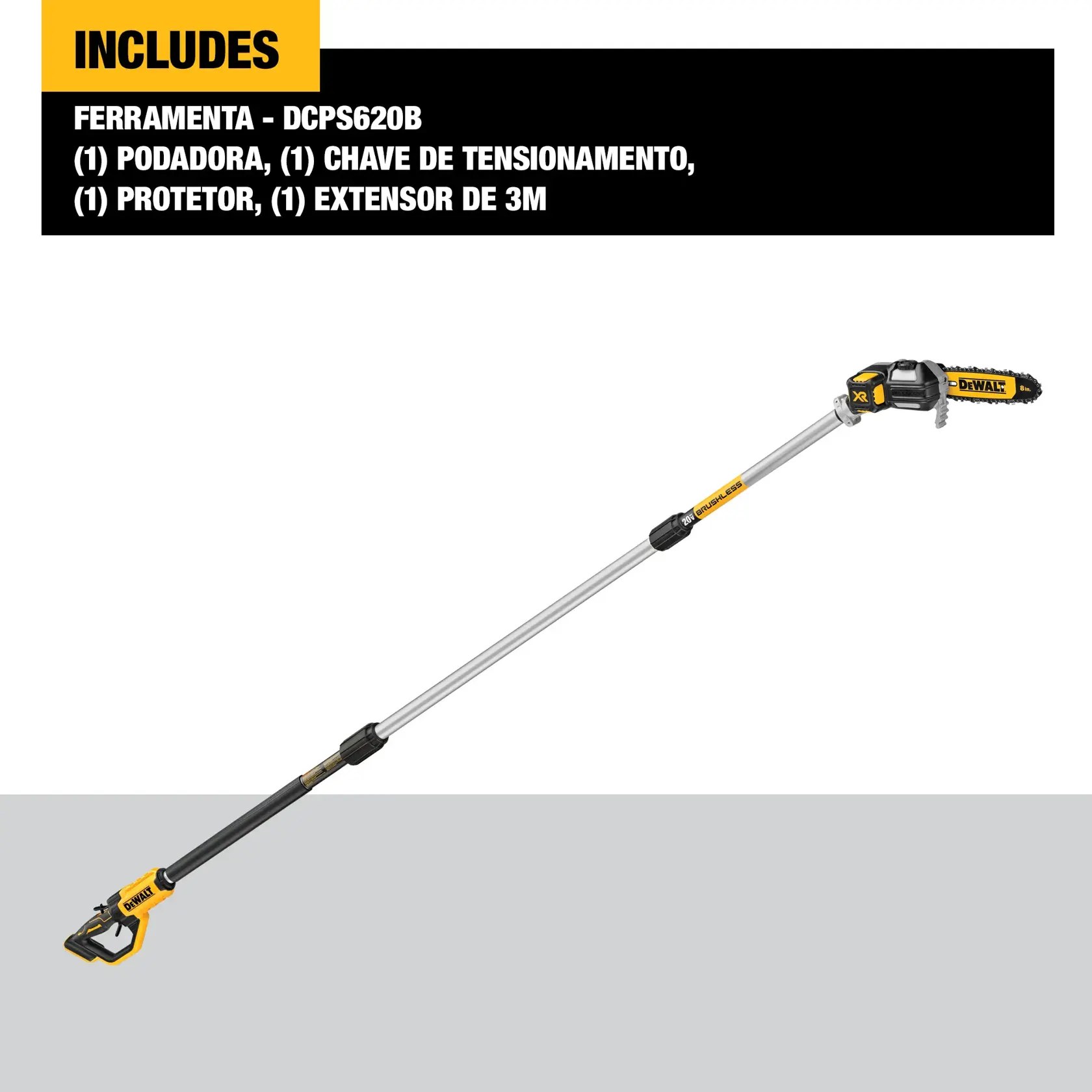 Uma serra de poda de haste sem fio DEWALT 20V XR brushless com cabo longo extensível, projetada para podar e cortar galhos de árvores.