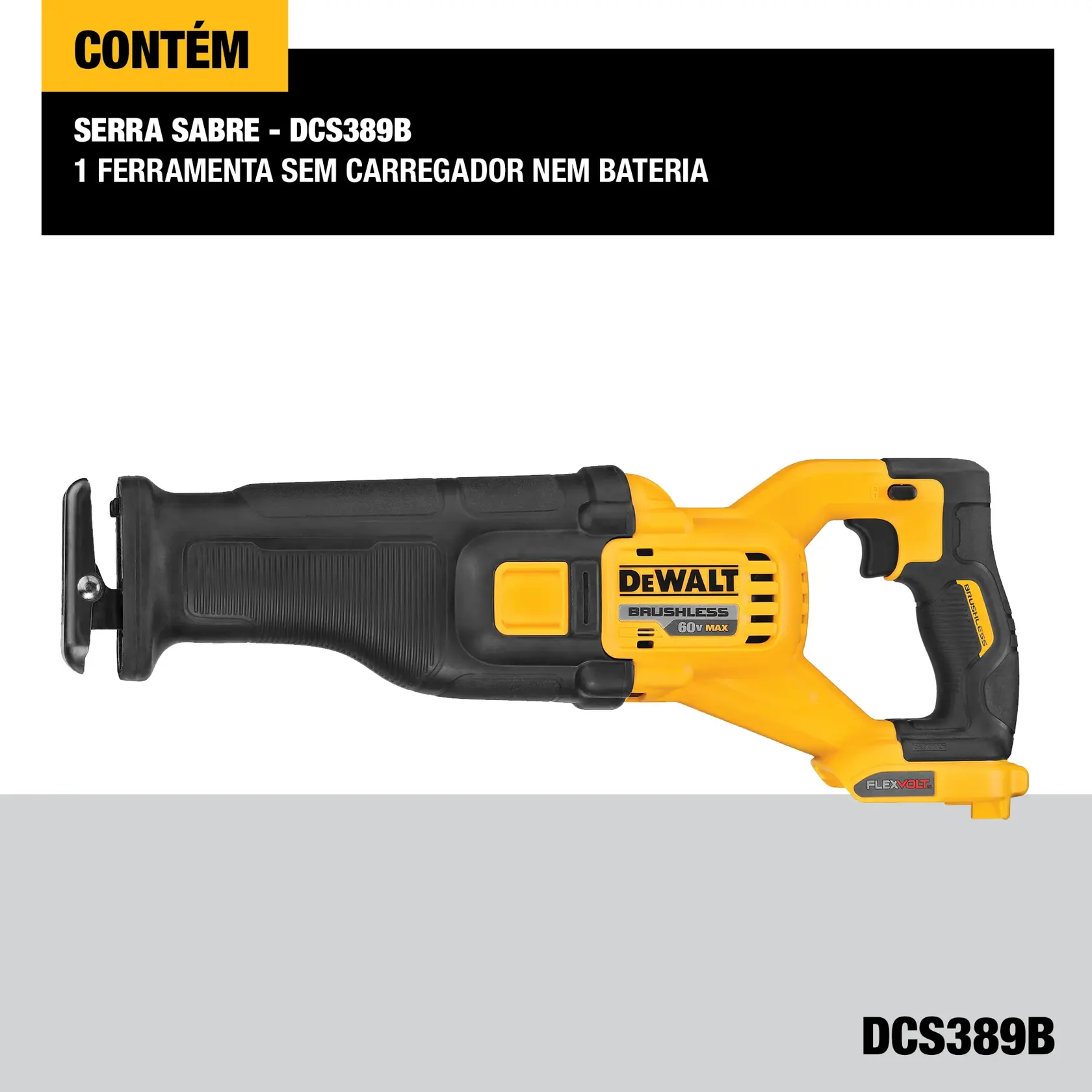 Una sierra recíproca DEWALT 60V MAX FlexVolt sin escobillas, con un diseño ergonómico amarillo y negro y una empuñadura de gatillo.