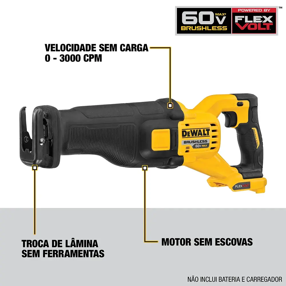 Una sierra recíproca DEWALT 60V MAX brushless con cuerpo amarillo y negro, y ranura para batería FLEXVOLT.
