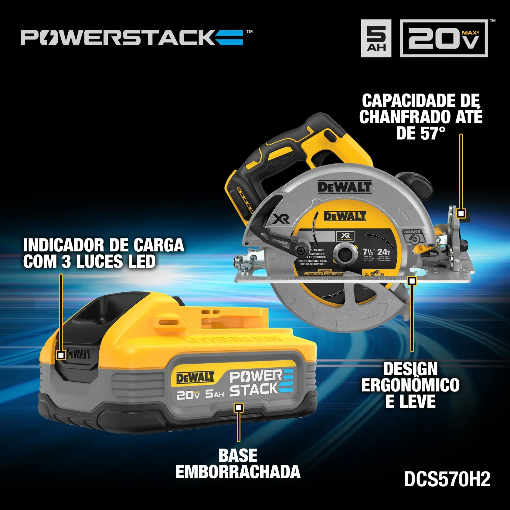 Serra Circular 7-1/4"(184MM) 20V MAX* Li-Ion Brushless 2 Baterias 5AH POWER STACK (DCBP520)