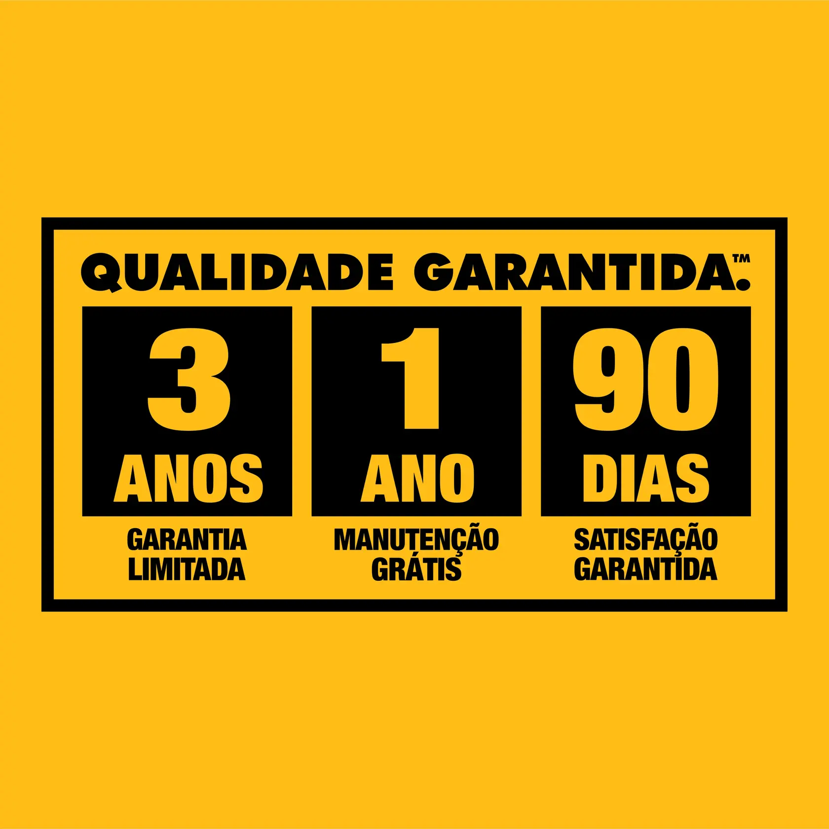 Um gráfico com fundo amarelo mostrando 'Qualidade Garantida'. Apresenta três blocos: 3 anos de garantia limitada, 1 ano de manutenção grátis e 90 dias de satisfação garantida.