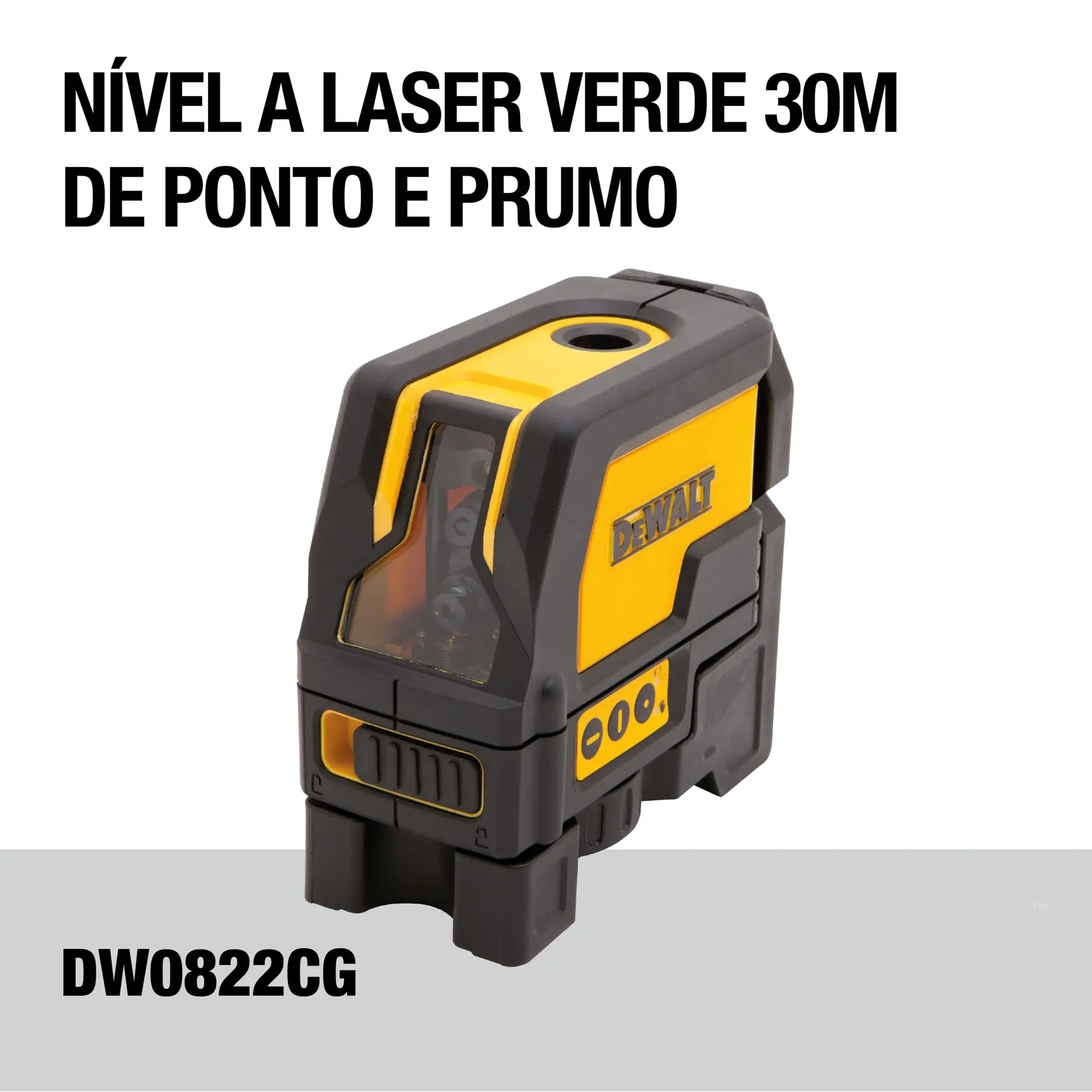 Uma ferramenta de nível a laser DEWALT emitindo linhas de laser verde brilhante, mostrando distâncias de visibilidade e de detector de até 100 pés ou 230 pés com detector (não incluído), com texto em destaque em um fundo preto.