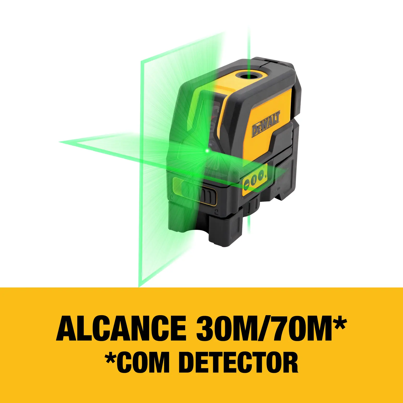 Uma pessoa está usando um dispositivo de nível a laser DEWALT para medir e alinhar estrutura metálica no chão de um local de construção.