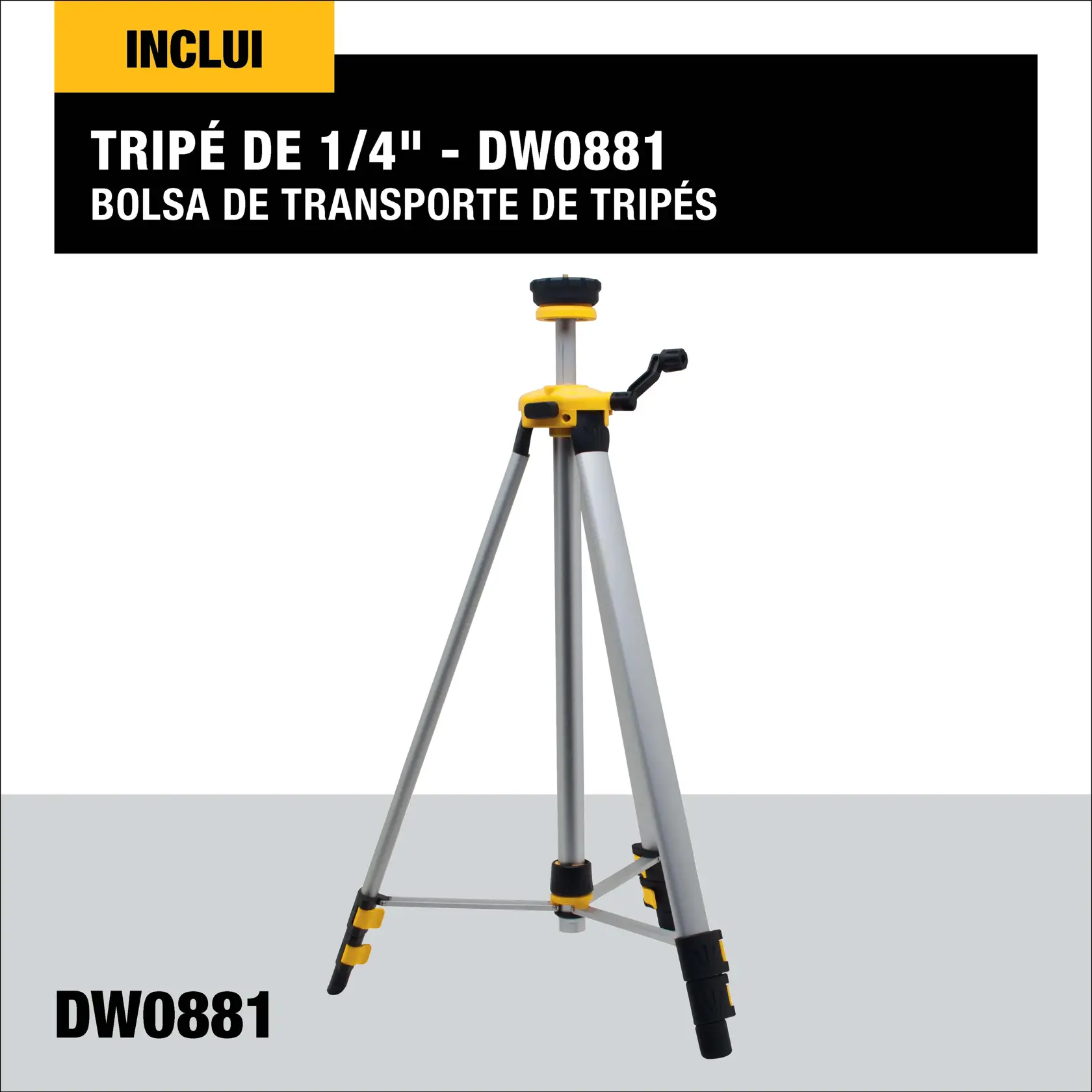 Um tripé DEWALT com construção em alumínio, pernas dobráveis, pés antiderrapantes, cabeça inclinável com nível integrado e bolsa de transporte incluída. O tripé está em posição vertical com os recursos destacados. A bolsa de transporte está posicionada ao lado do tripé.