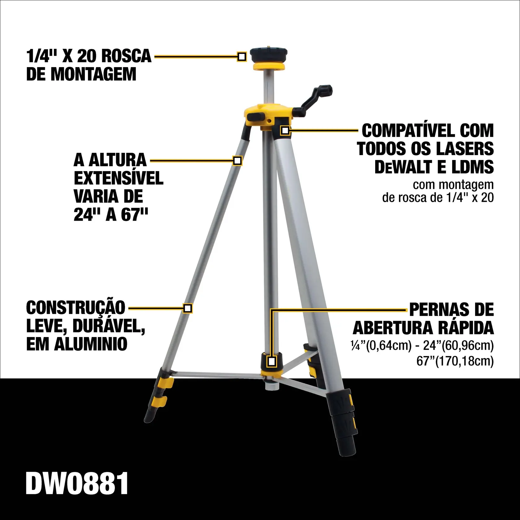 A parte inferior de um tripé DEWALT com pernas dobráveis de alumínio é mostrada. A imagem apresenta presilhas de ajuste amarelas e o texto 'COLLAPSIBLE LEGS' em letras amarelas e negrito.
