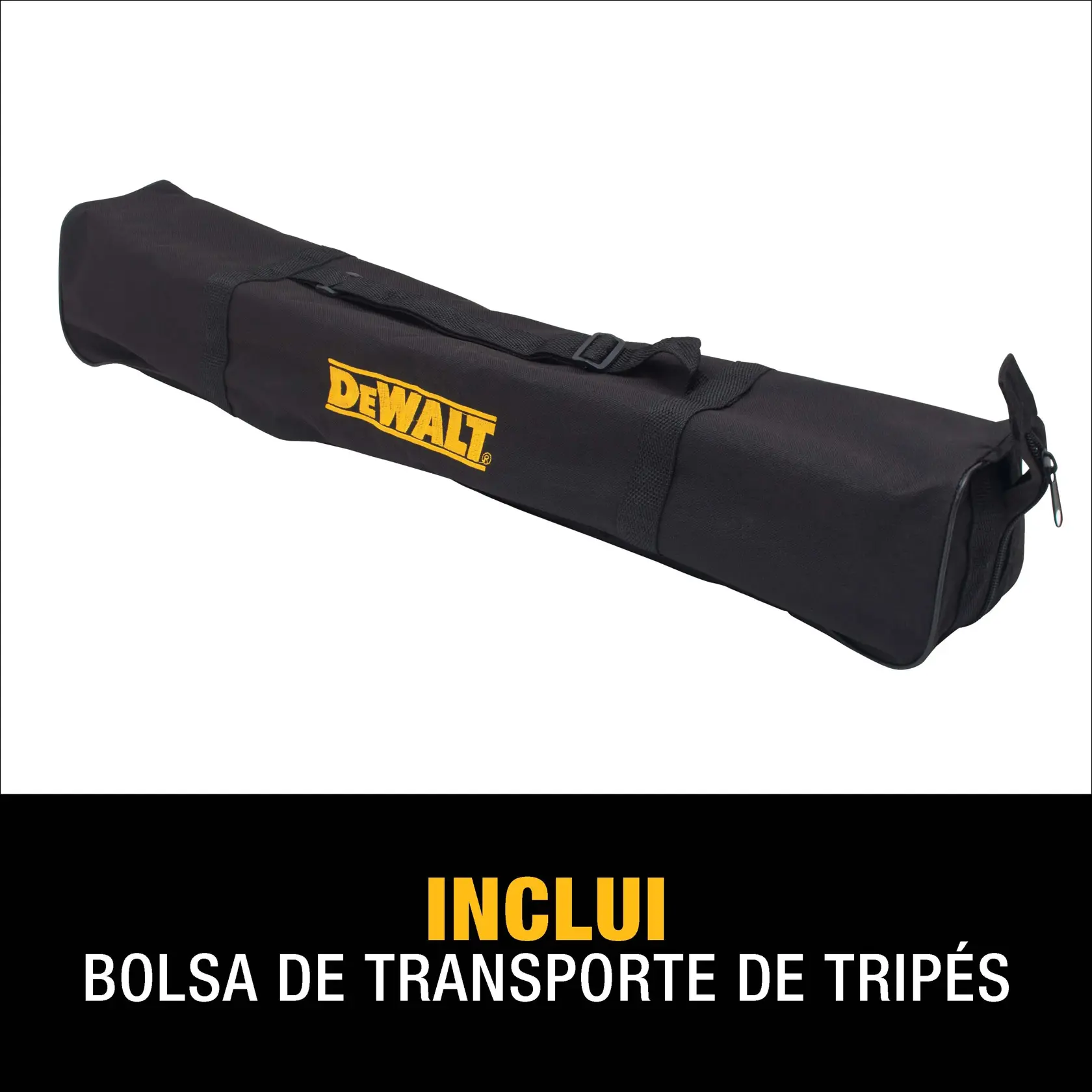 Vista de perto de um tripé DEWALT com cabeça inclinável, nível de bolha integrado e mecanismo de travamento, acompanhado do texto 'Cabeça inclinável com nível integrado.'