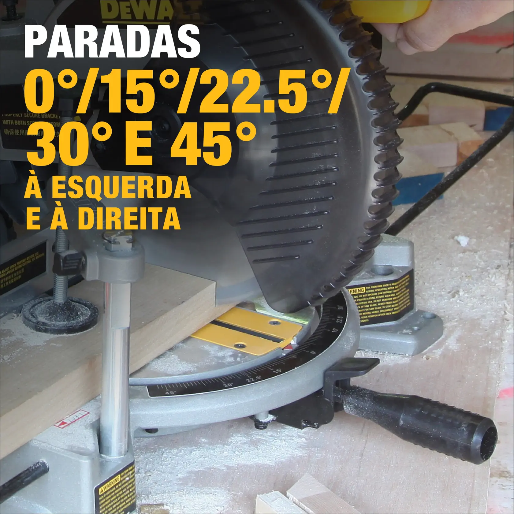 Uma serra de esquadria DEWALT em uso, cortando um pedaço de madeira. O texto amarelo destaca ângulos de parada pré-definidos: 0°, 15°, 22.5°, 30° e 45° à esquerda e à direita.