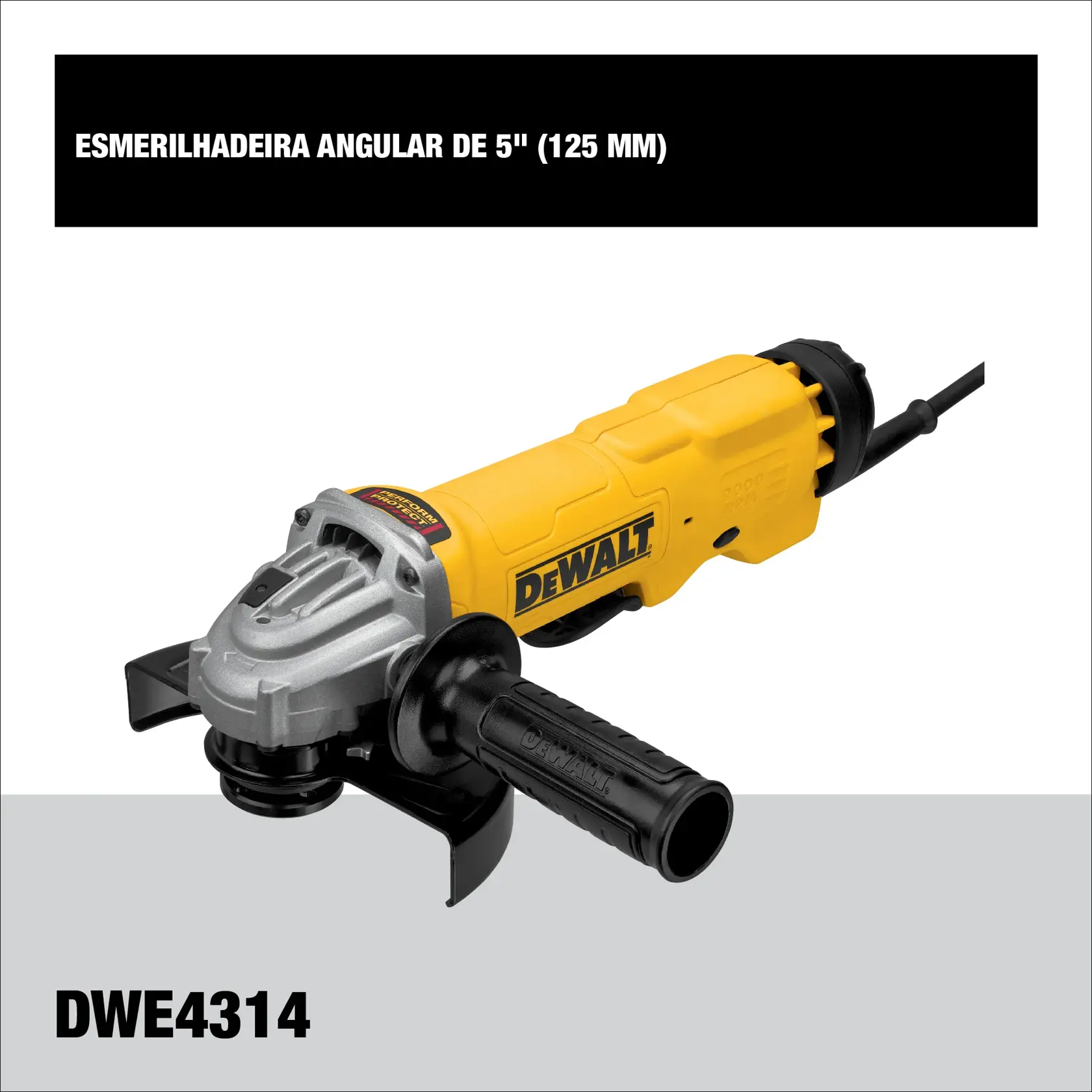 Una amoladora angular DEWALT amarilla y negra con mango lateral, mostrada sobre un fondo blanco.