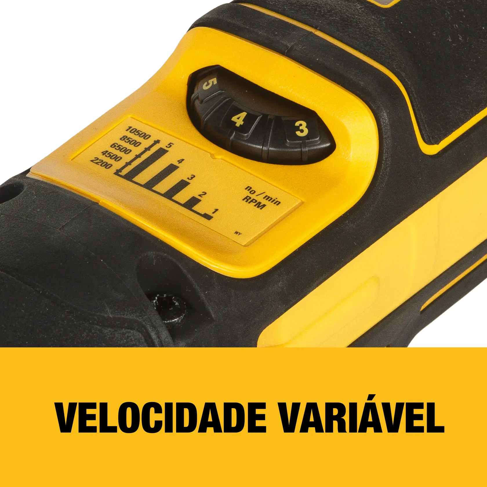 Detalhe de dial de velocidade DEWALT com opções de RPM variadas, nas cores preto e amarelo.
