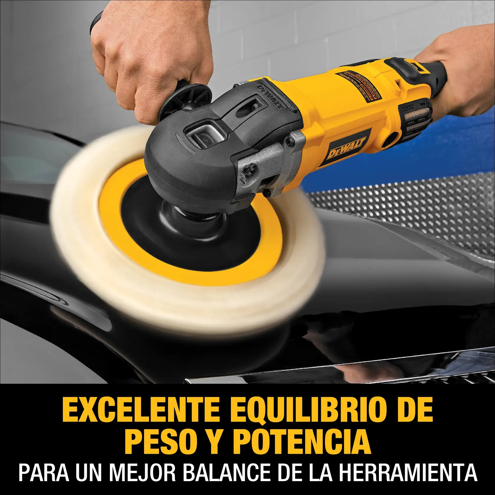 A person uses a DEWALT DWP849X polisher on a black car surface. The tool is yellow and black, and the text on the image highlights excellent balance of weight and power for a better tool performance.
